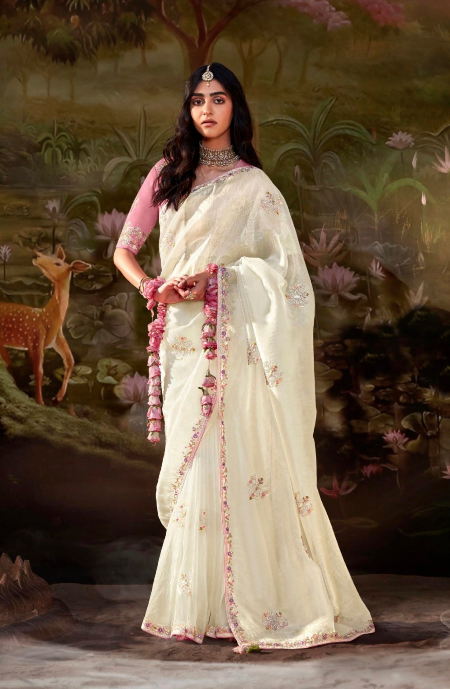 Off-White Glass Tissue Organza Saree with Embroidery & Sequin Work