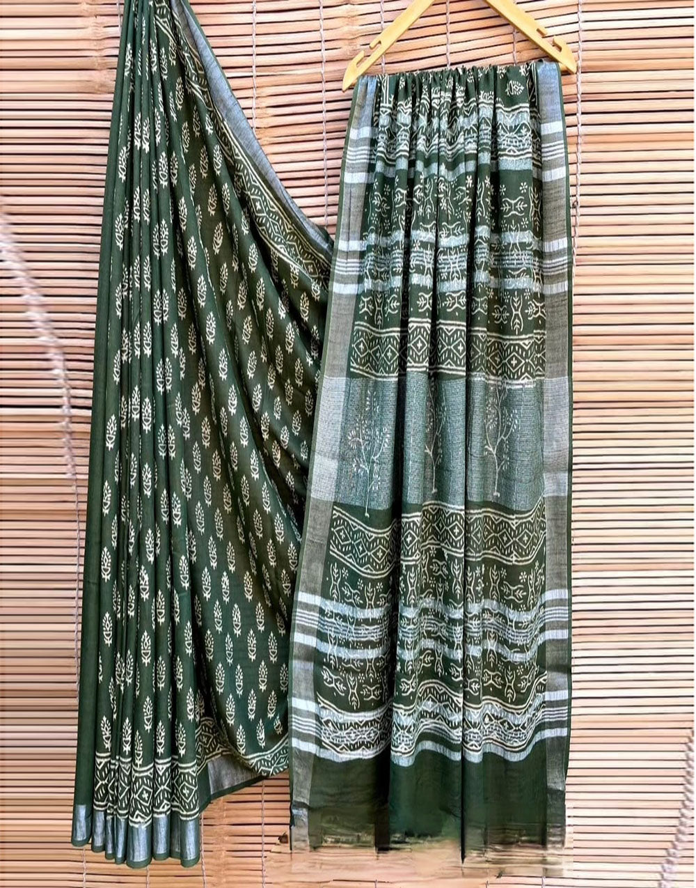 Green Cotton Block Printed Ready To Wear Saree