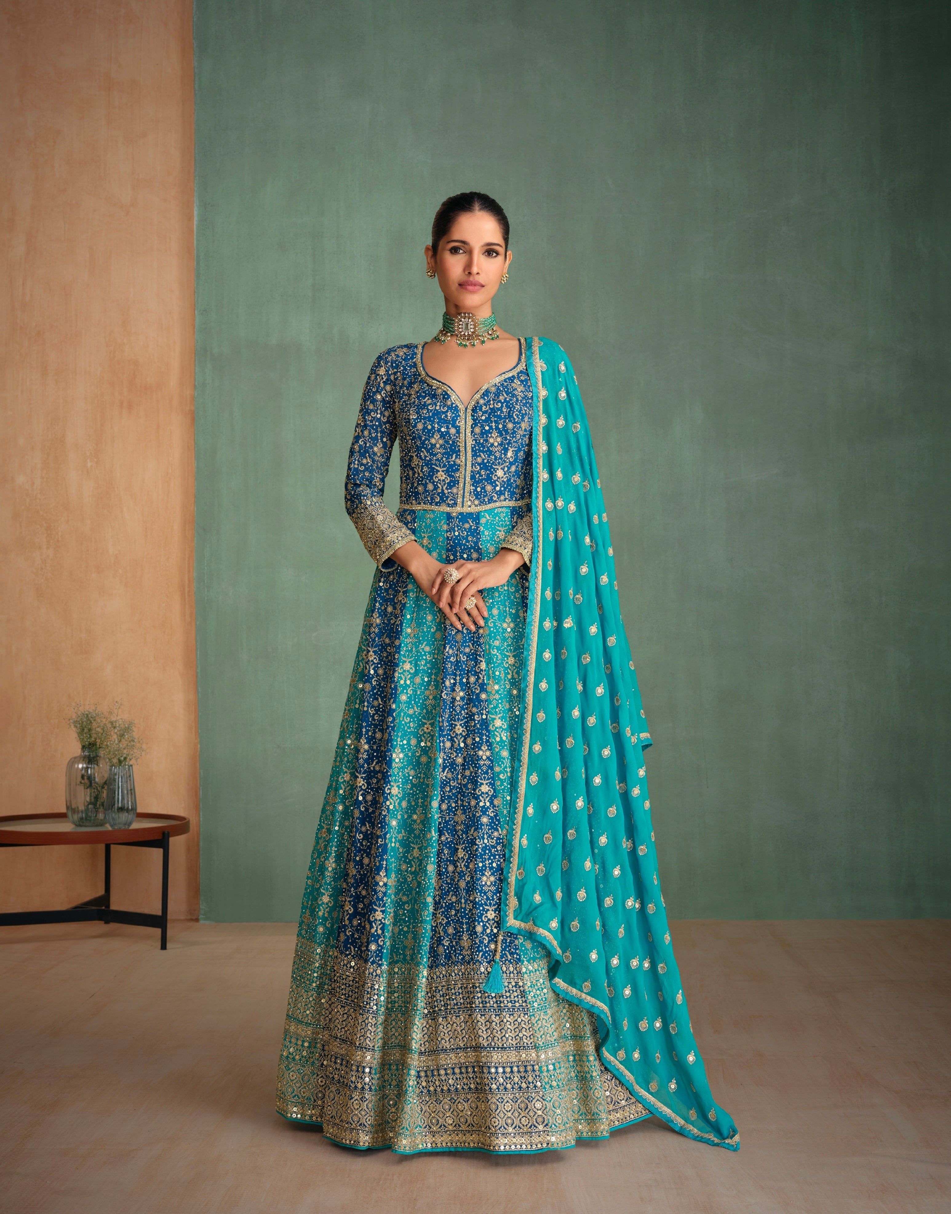 Blue Georgette Anarkali with Heavy Embroidered Dupatta