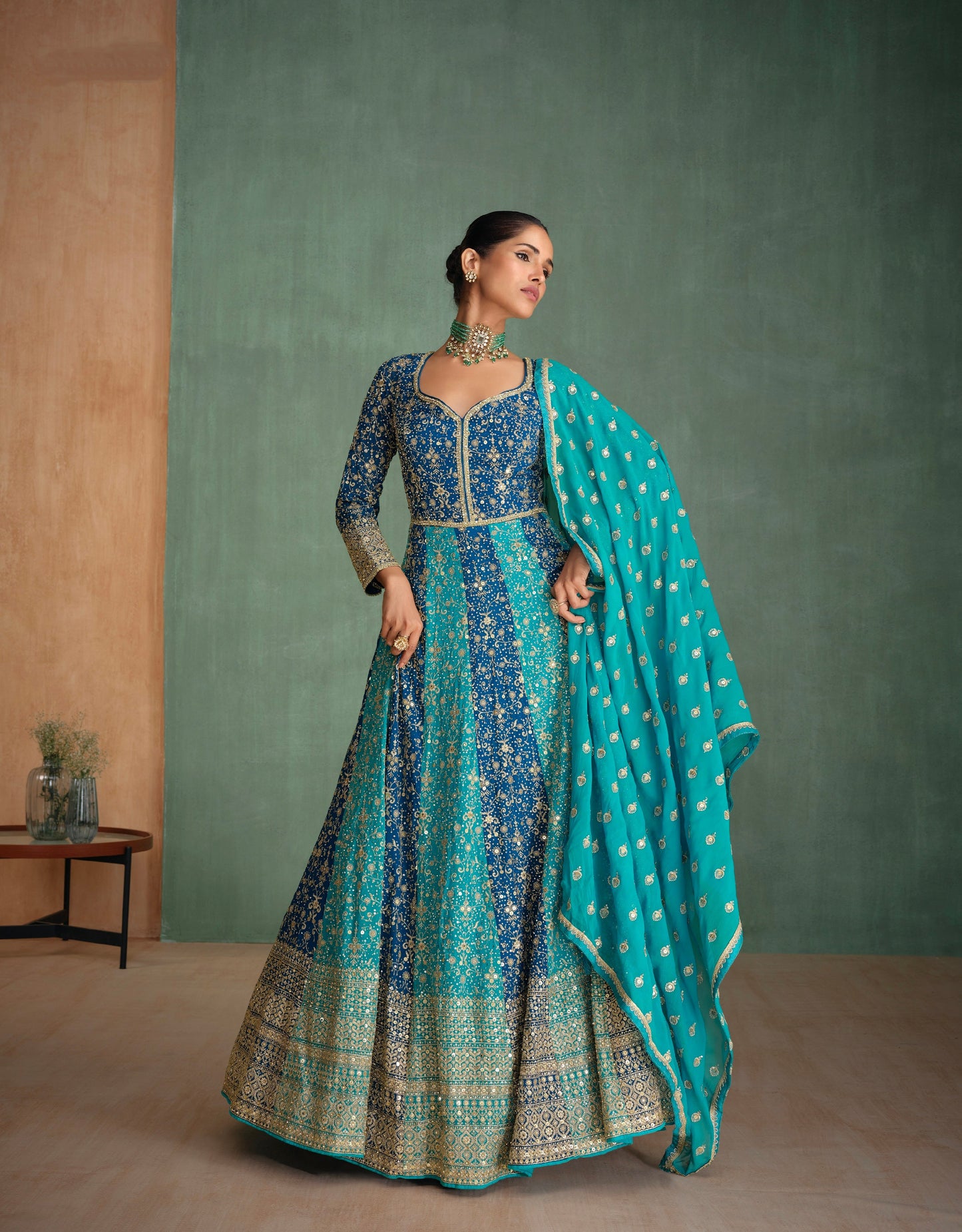 Blue Georgette Anarkali with Heavy Embroidered Dupatta