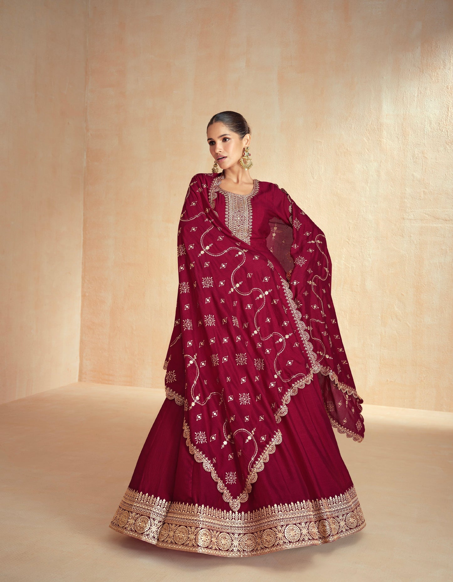 Maroon Premium Silk Anarkali Suit with Embroidered Dupatta