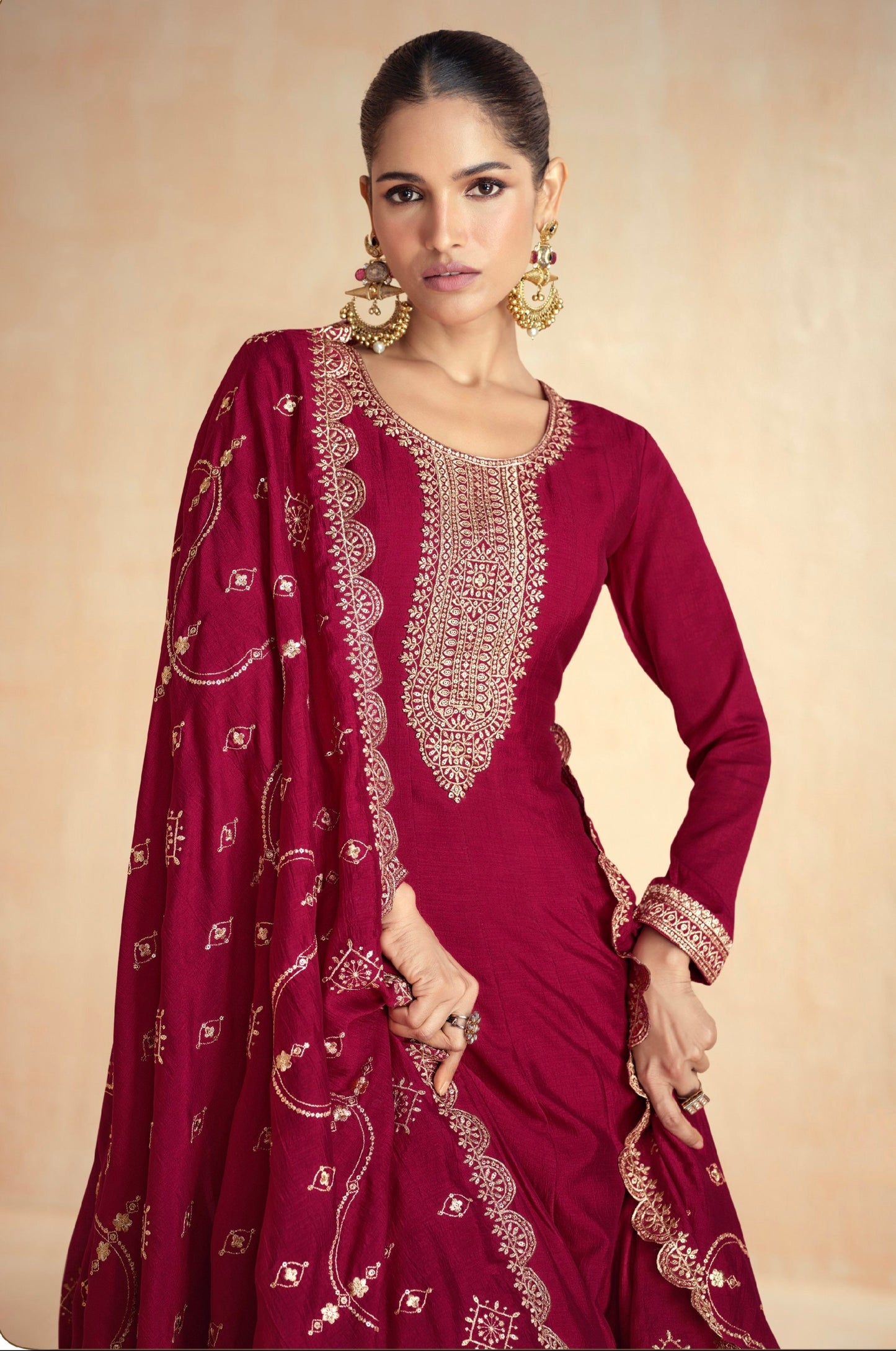 Maroon Premium Silk Anarkali Suit with Embroidered Dupatta