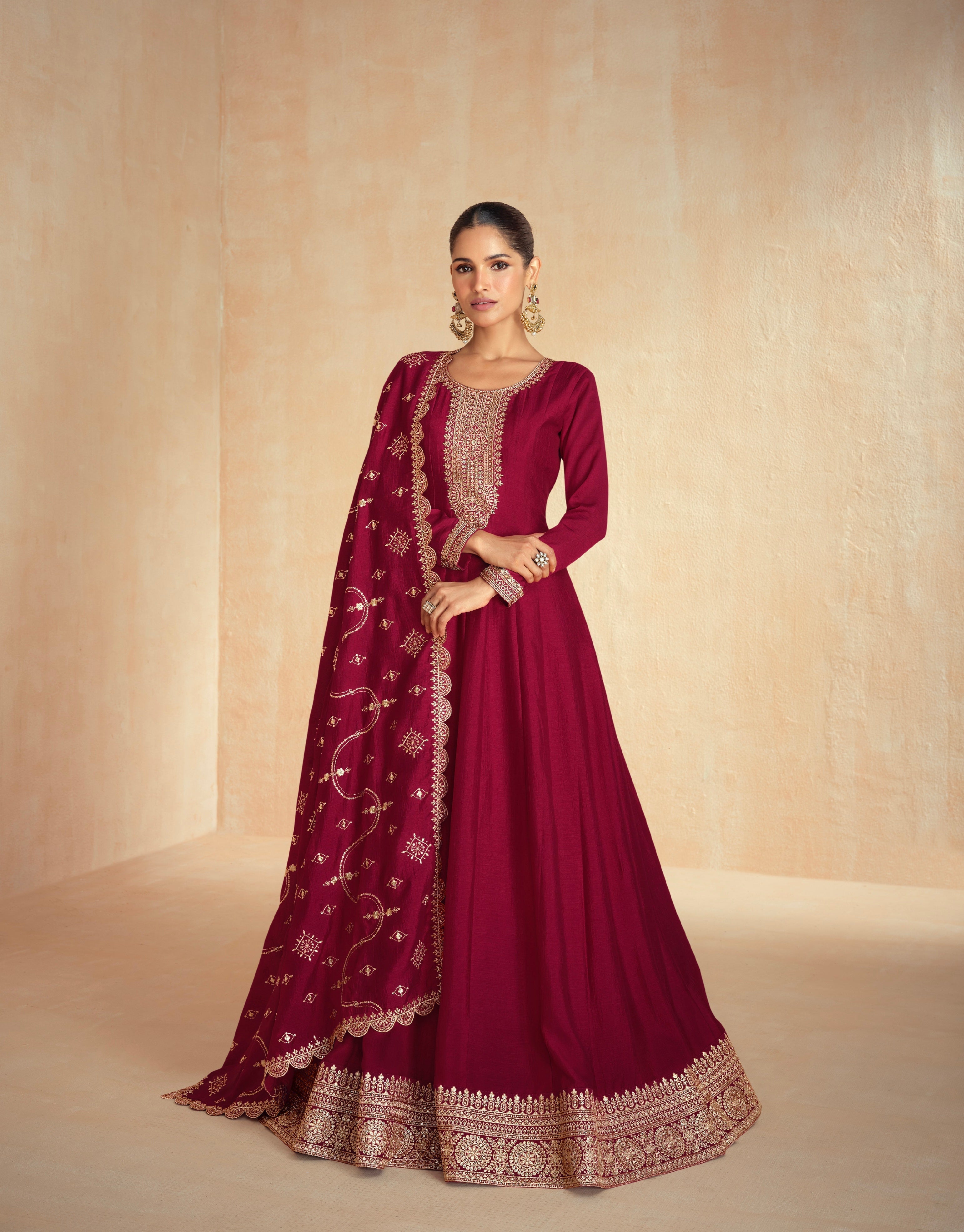 Maroon Premium Silk Anarkali Suit with Embroidered Dupatta