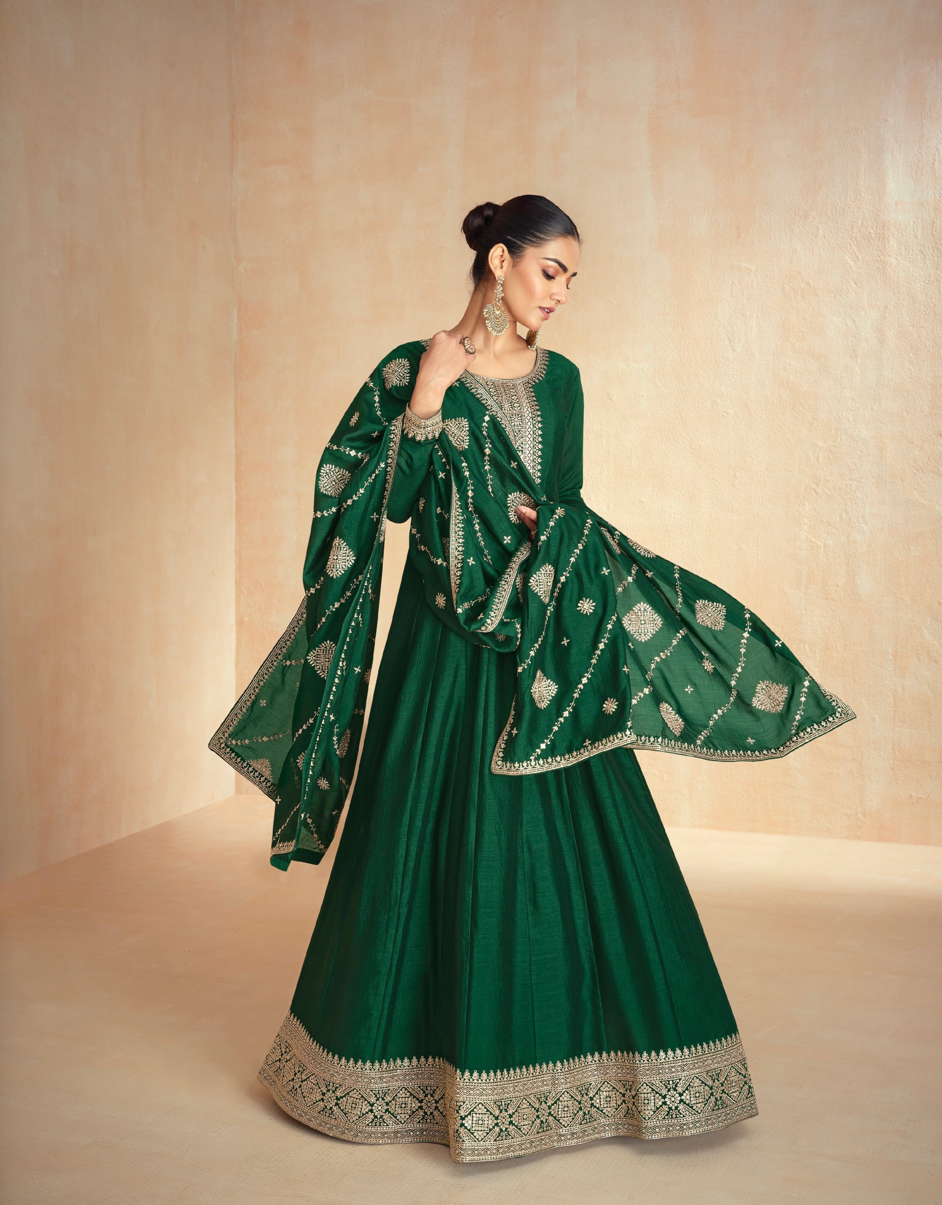 Forest Green Designer Anarkali Suit with Embroidered Silk Dupatta