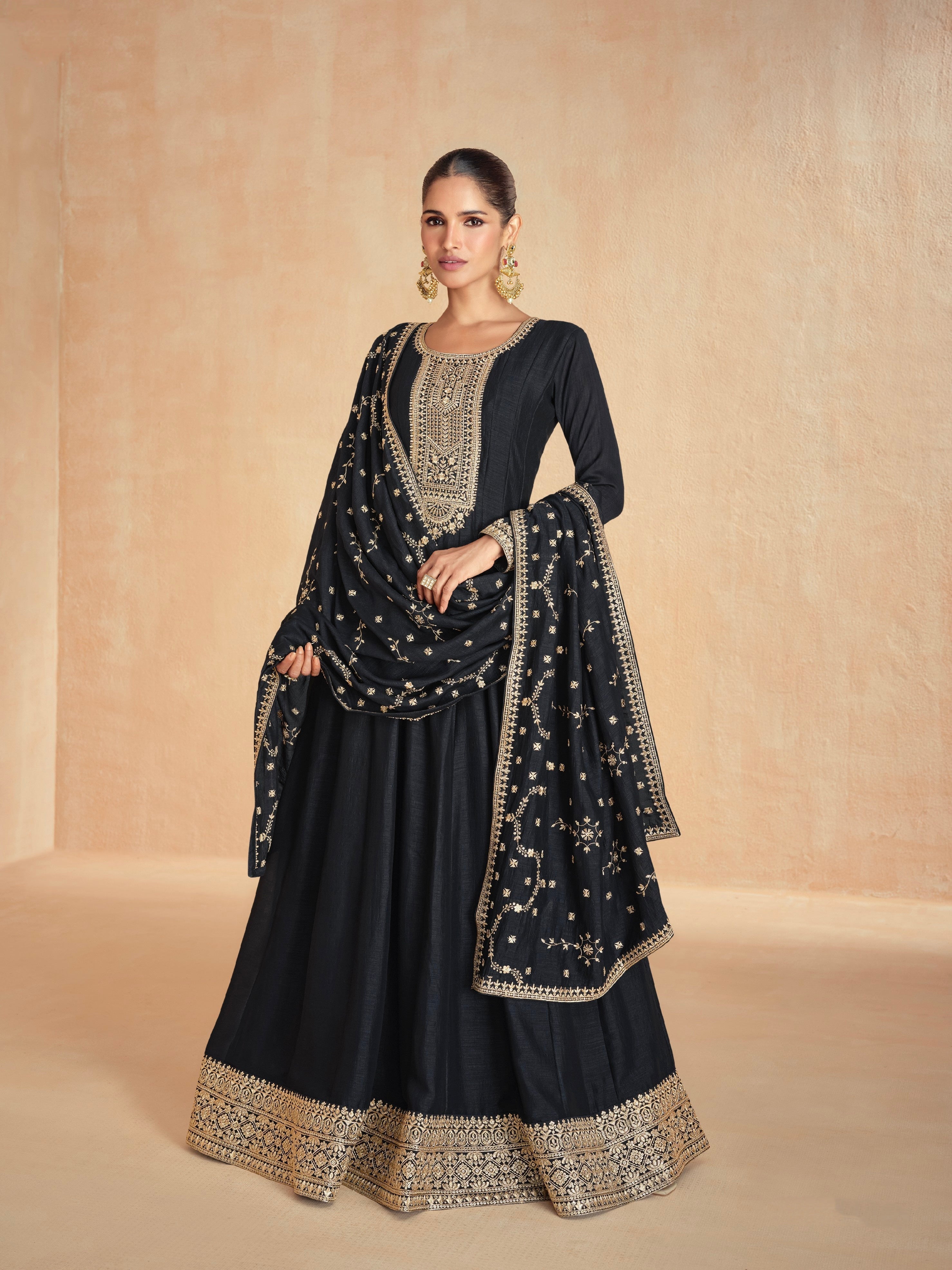 Black Silk Anarkali Suit with Golden Embroidery & Dupatta