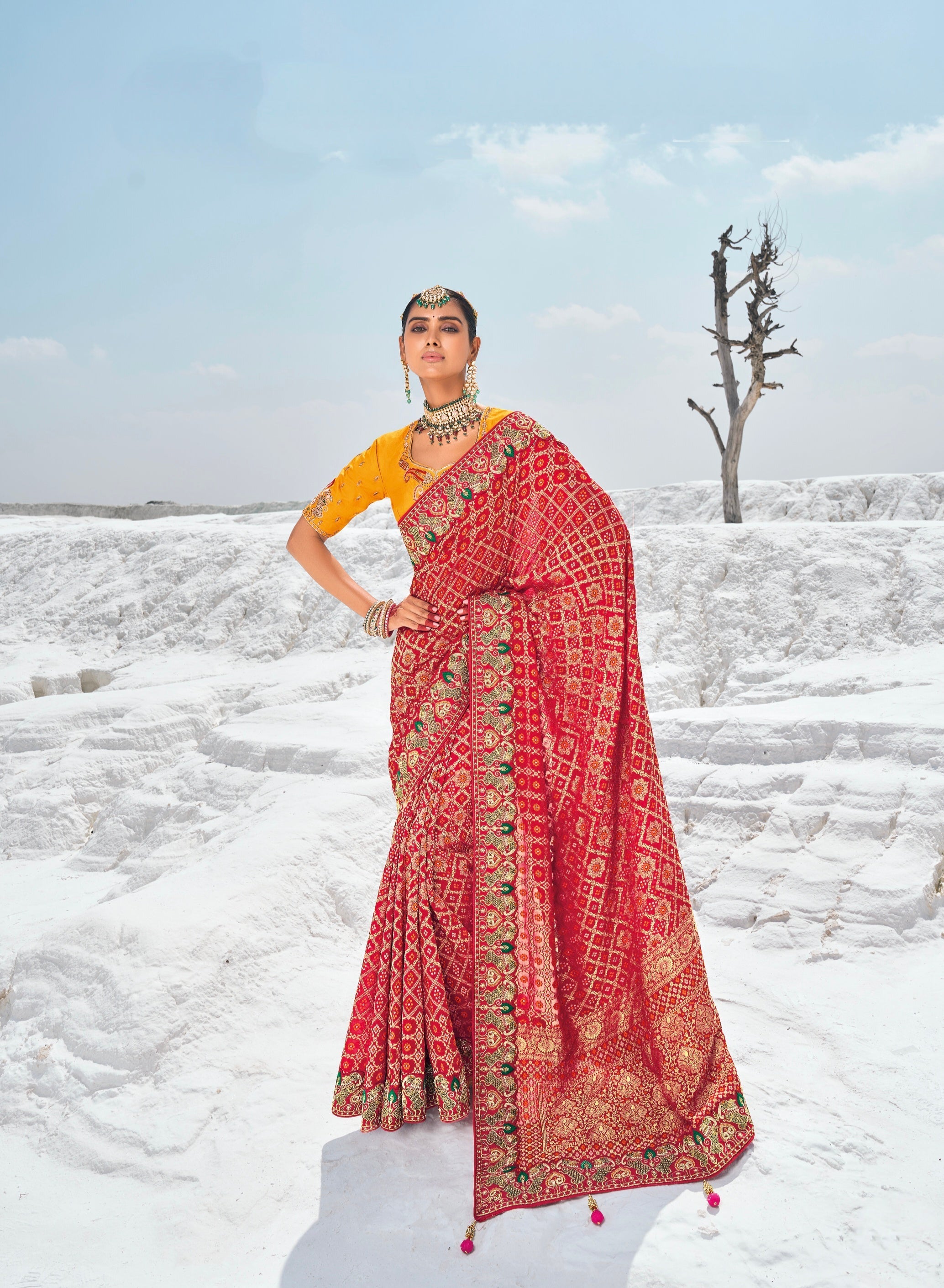 Maroon Pure Georgette Bandhani Saree with Zari Weaving & Dual Blouses