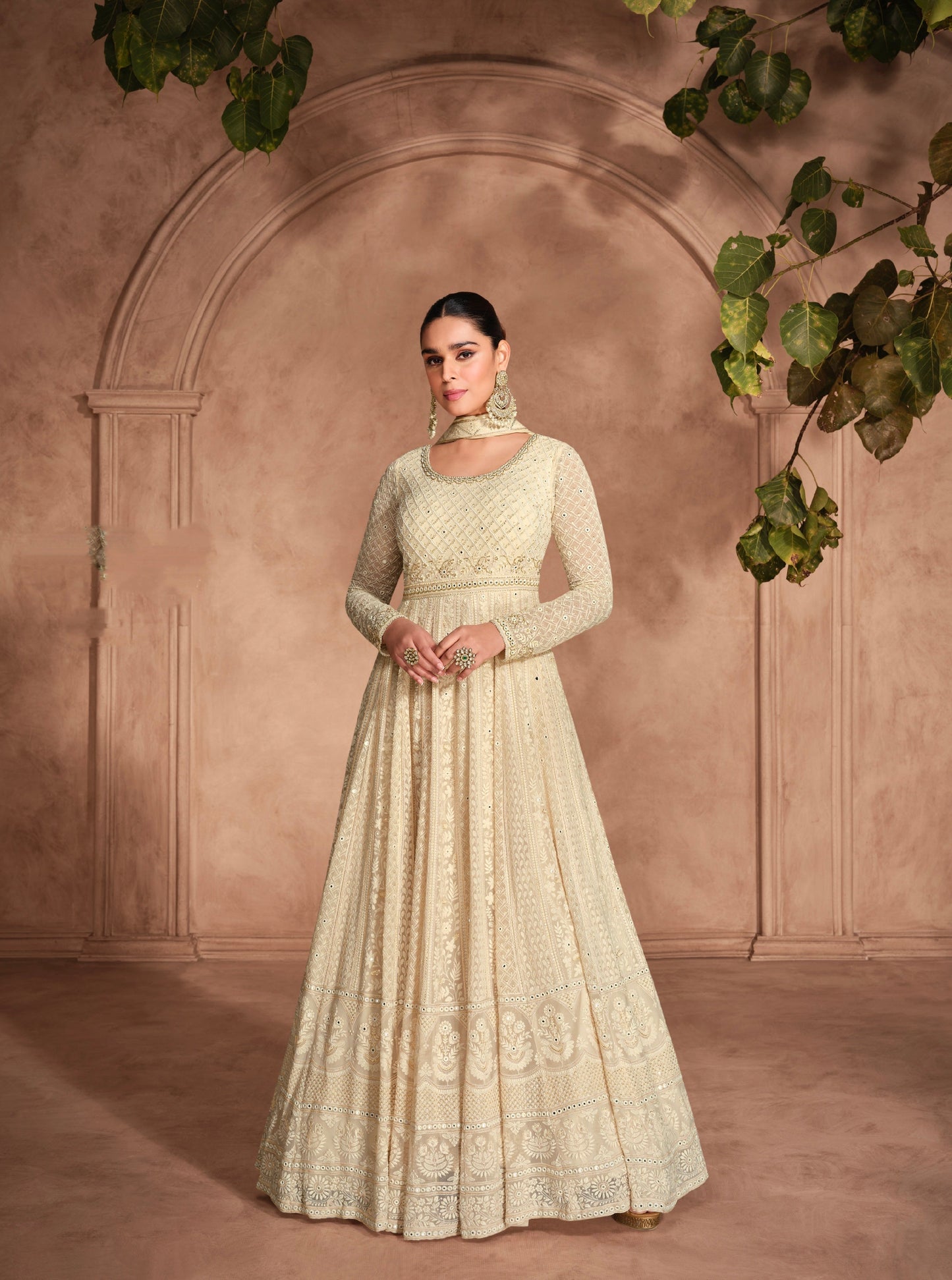 Off-White Georgette Anarkali Dress with Heavy Chikankari Embroidery