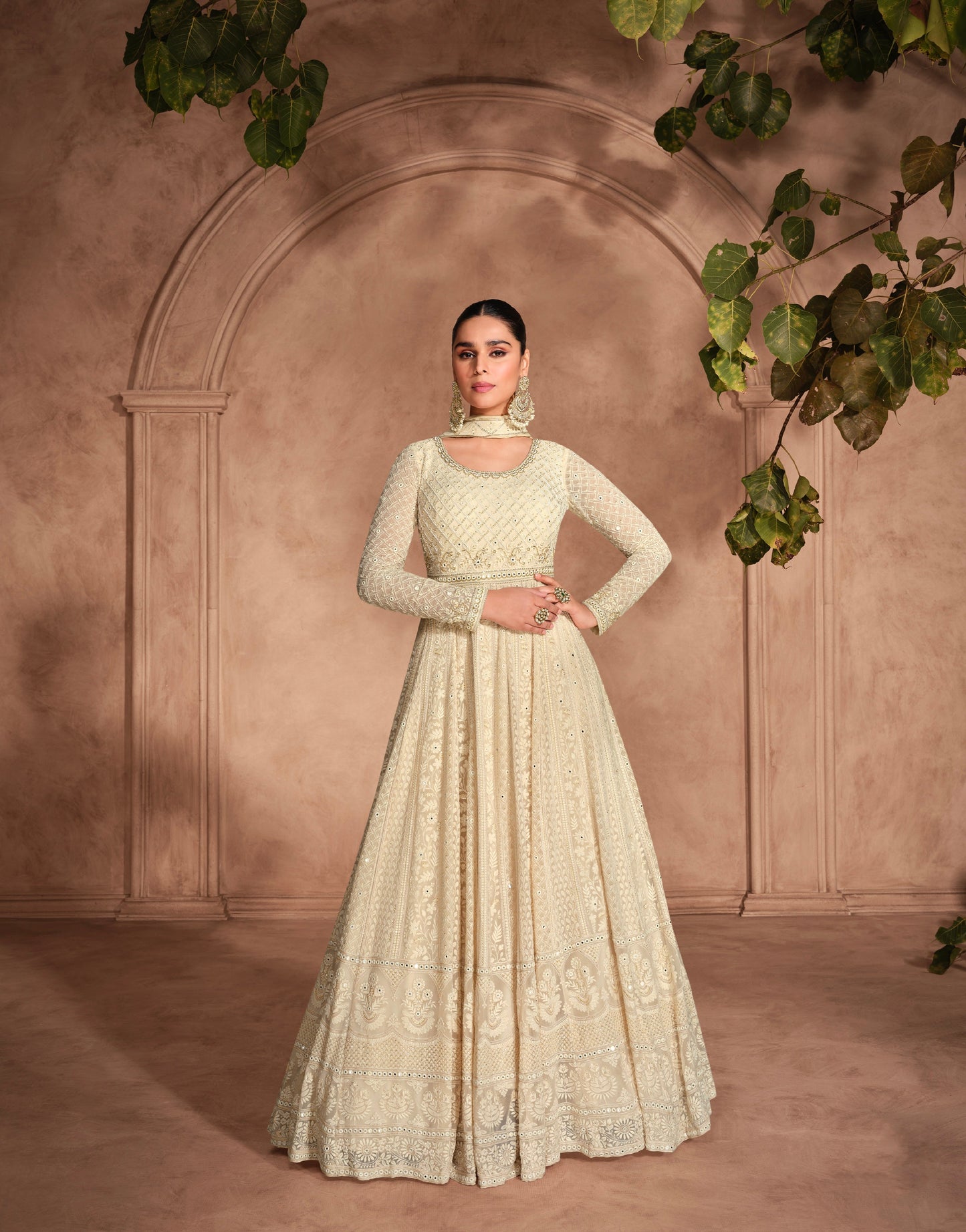 Off-White Georgette Anarkali Dress with Heavy Chikankari Embroidery