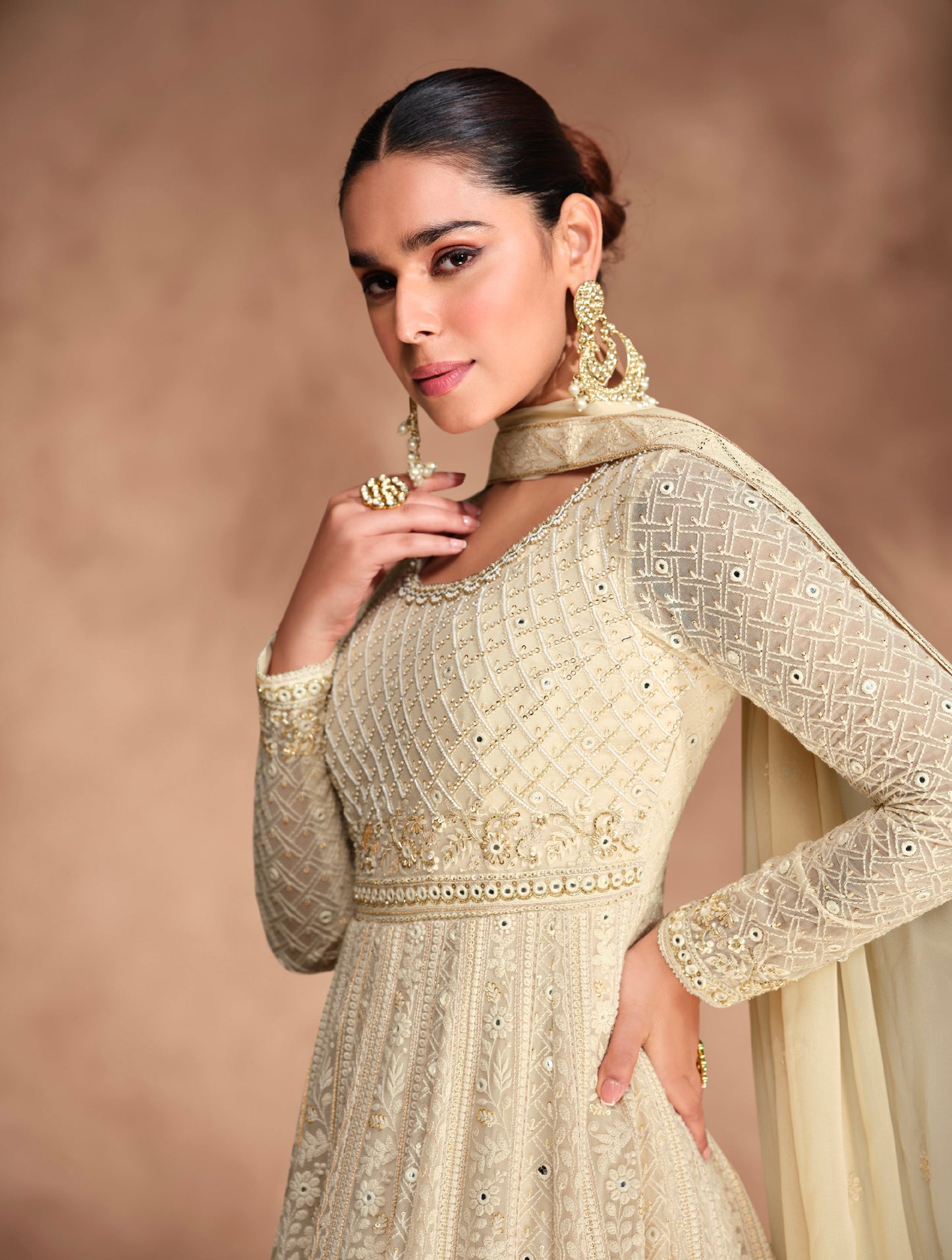 Off-White Georgette Anarkali Dress with Heavy Chikankari Embroidery