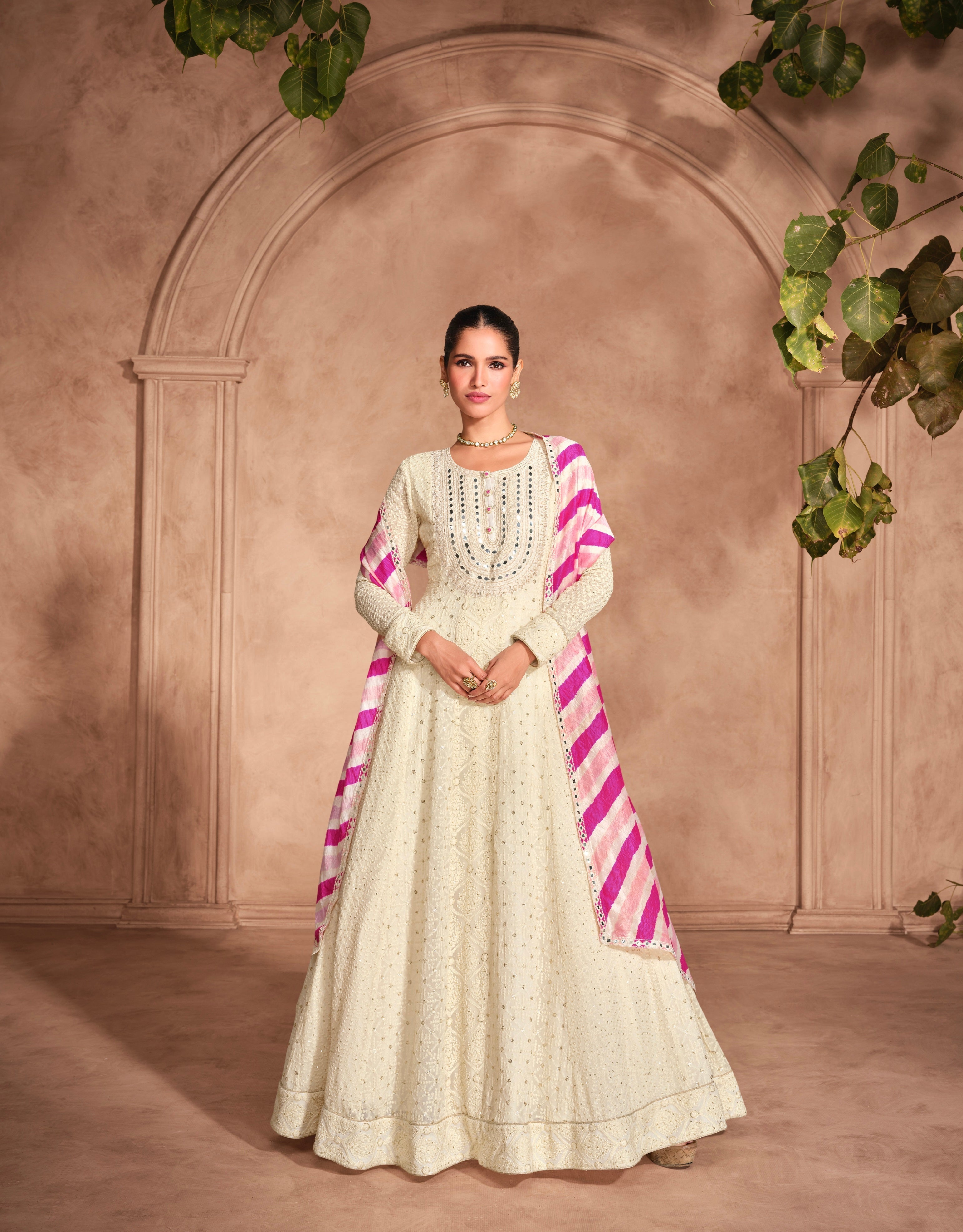 Ivory Anarkali Dress in Georgette with Striped Embroidered Dupatta