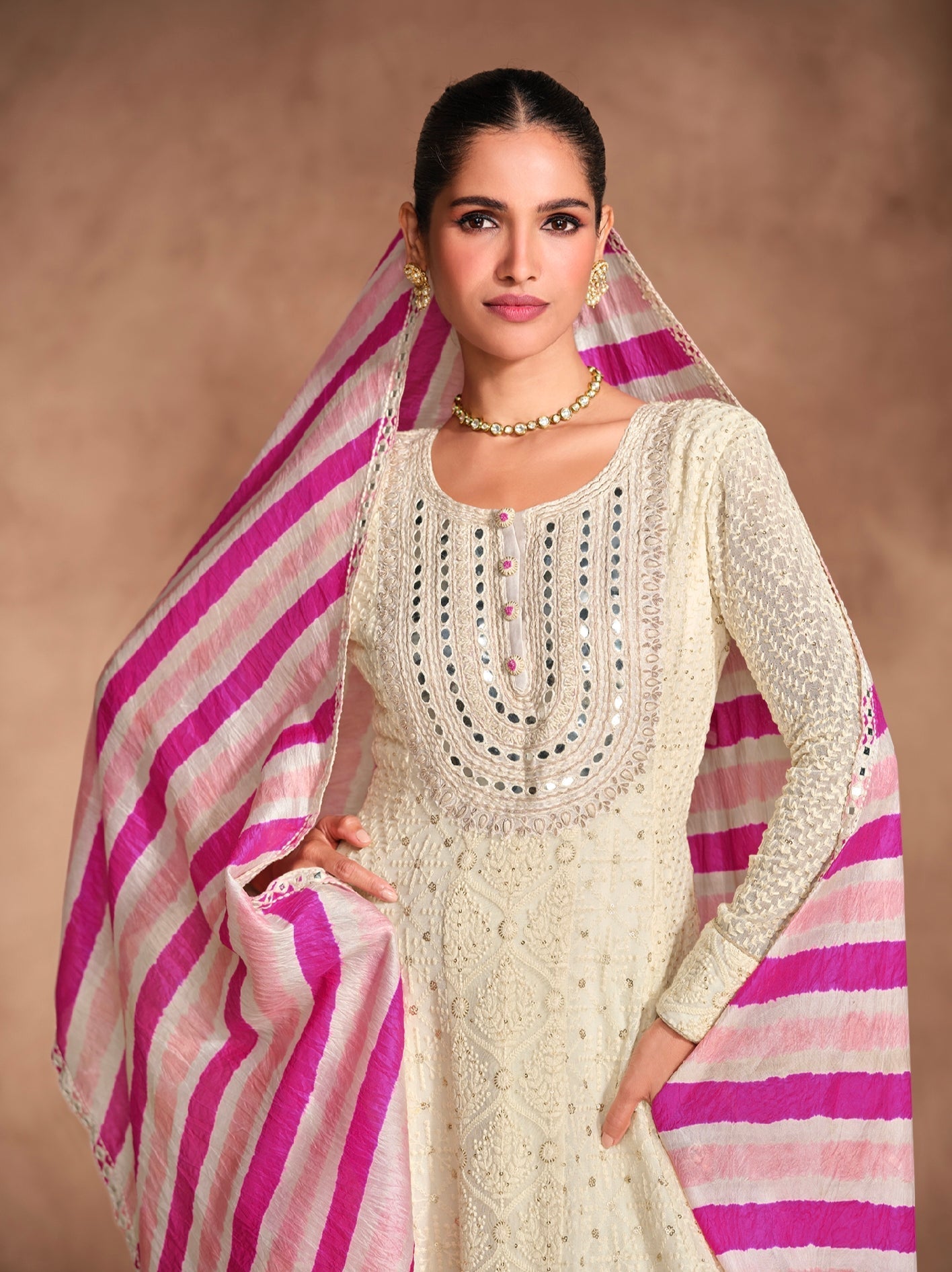 Ivory Anarkali Dress in Georgette with Striped Embroidered Dupatta