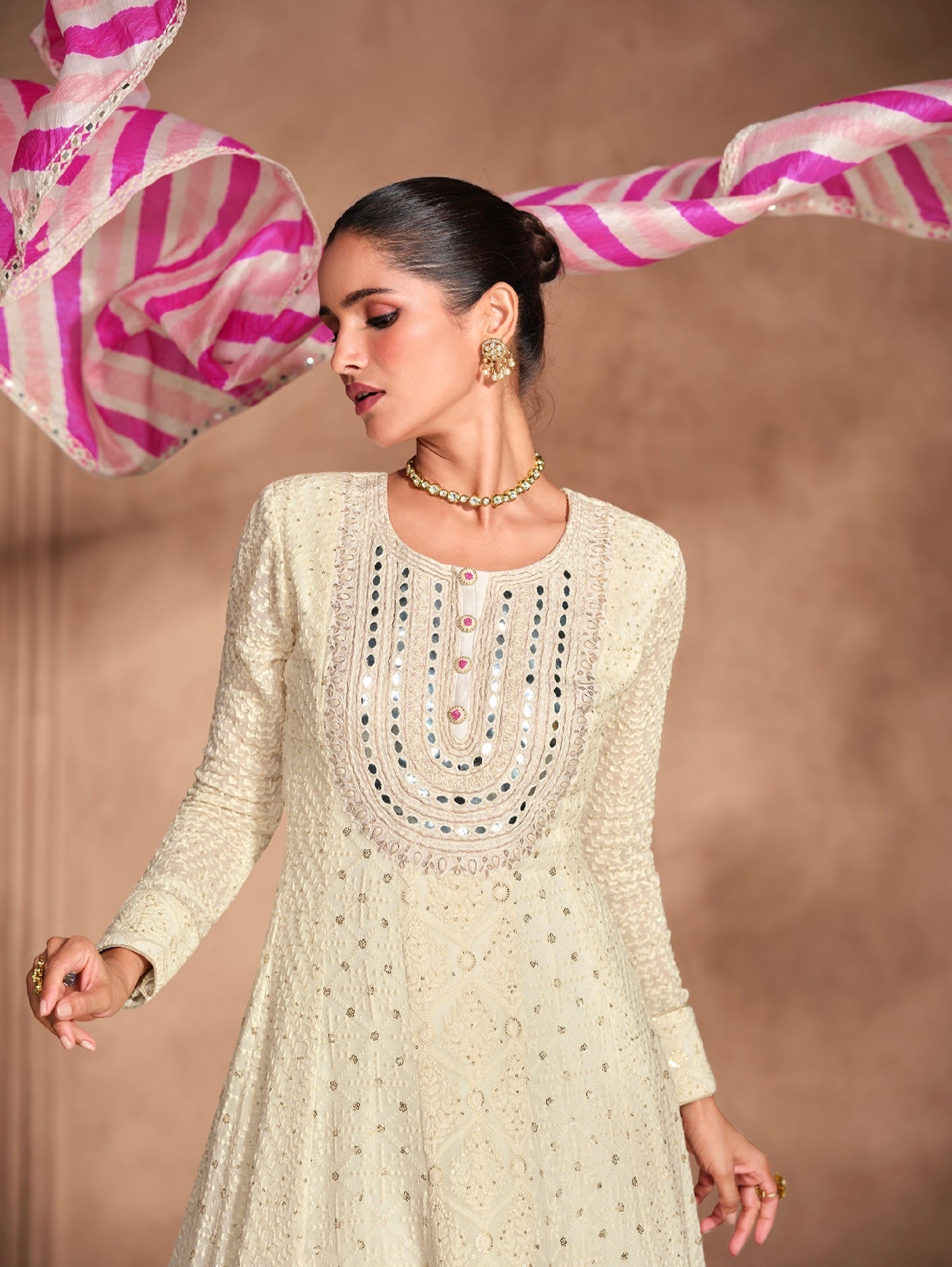 Ivory Anarkali Dress in Georgette with Striped Embroidered Dupatta