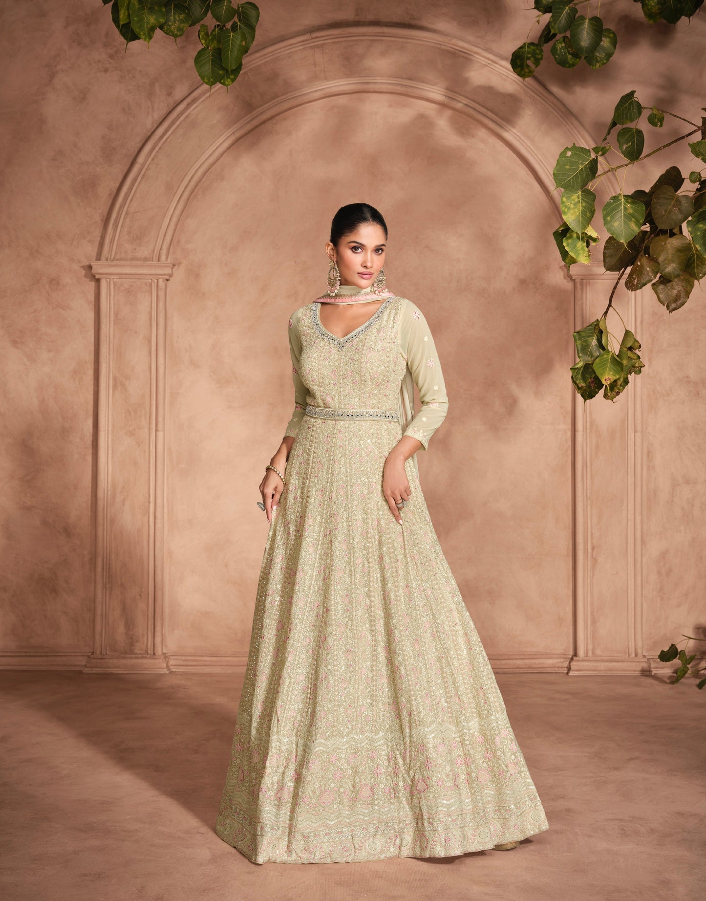 Green Chikankari Embroidered Georgette Anarkali Dress with Dupatta