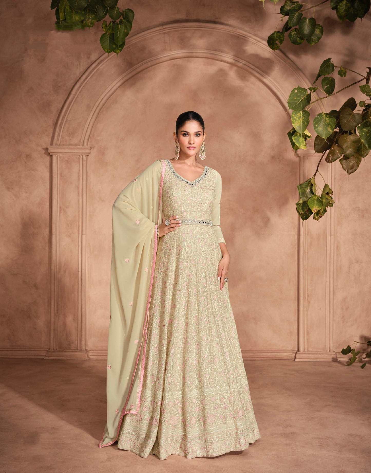 Green Chikankari Embroidered Georgette Anarkali Dress with Dupatta