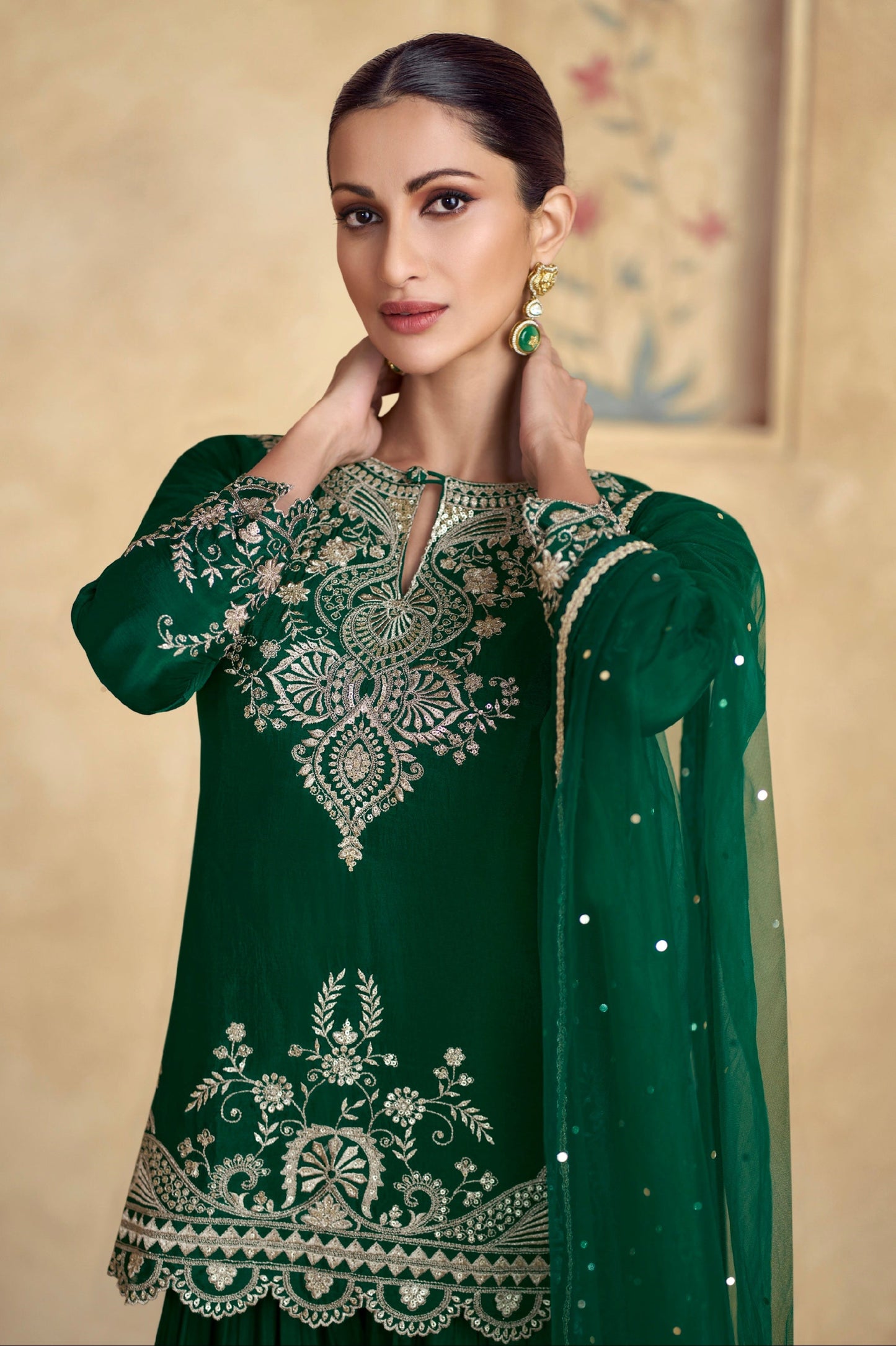 Green Chinnon Silk Palazzo Suit with Embroidered Dupatta