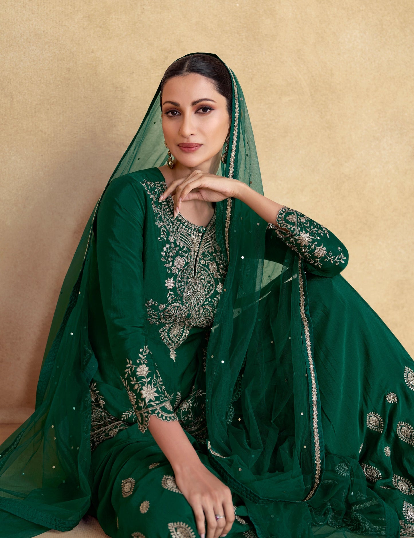 Green Chinnon Silk Palazzo Suit with Embroidered Dupatta