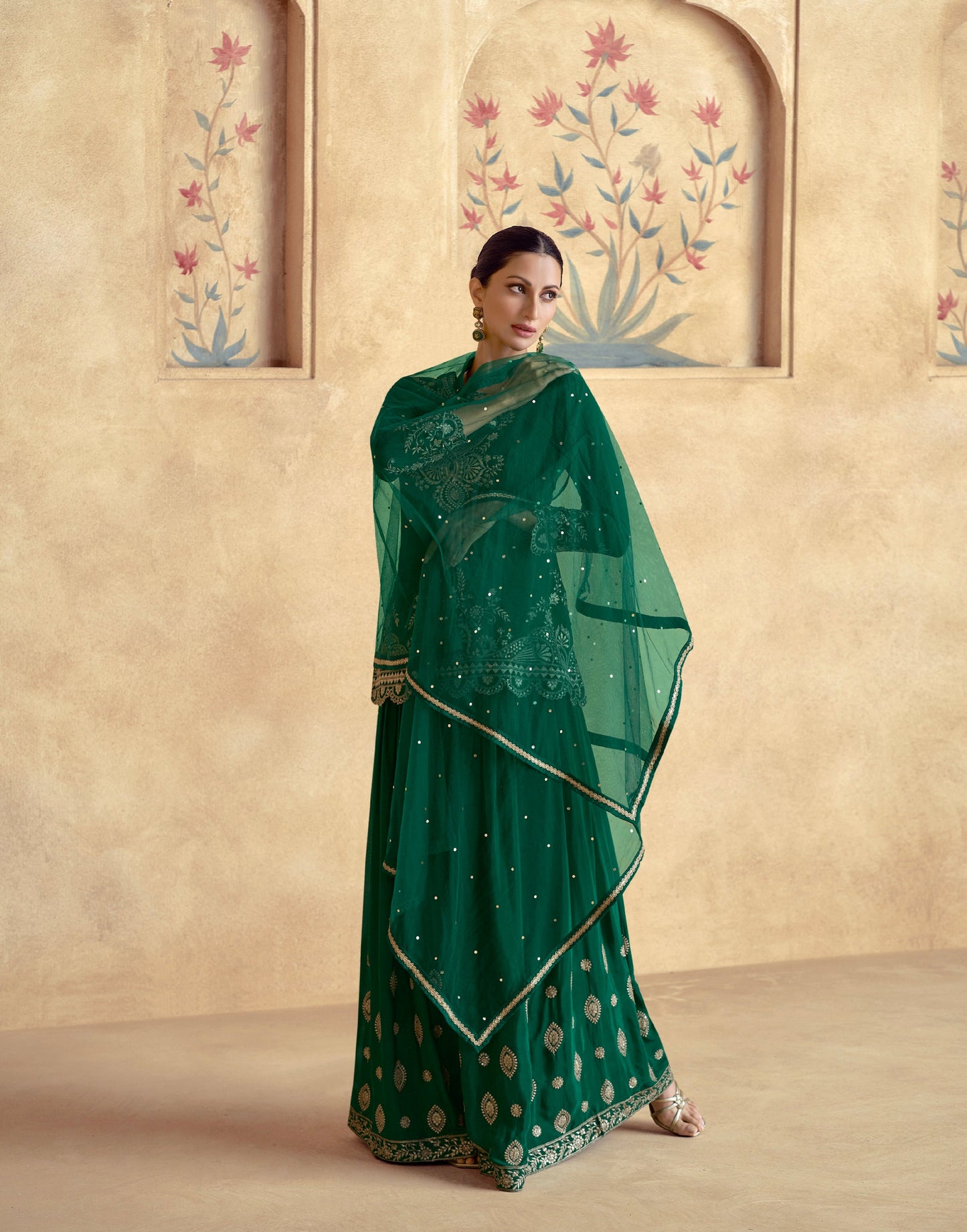 Green Chinnon Silk Palazzo Suit with Embroidered Dupatta