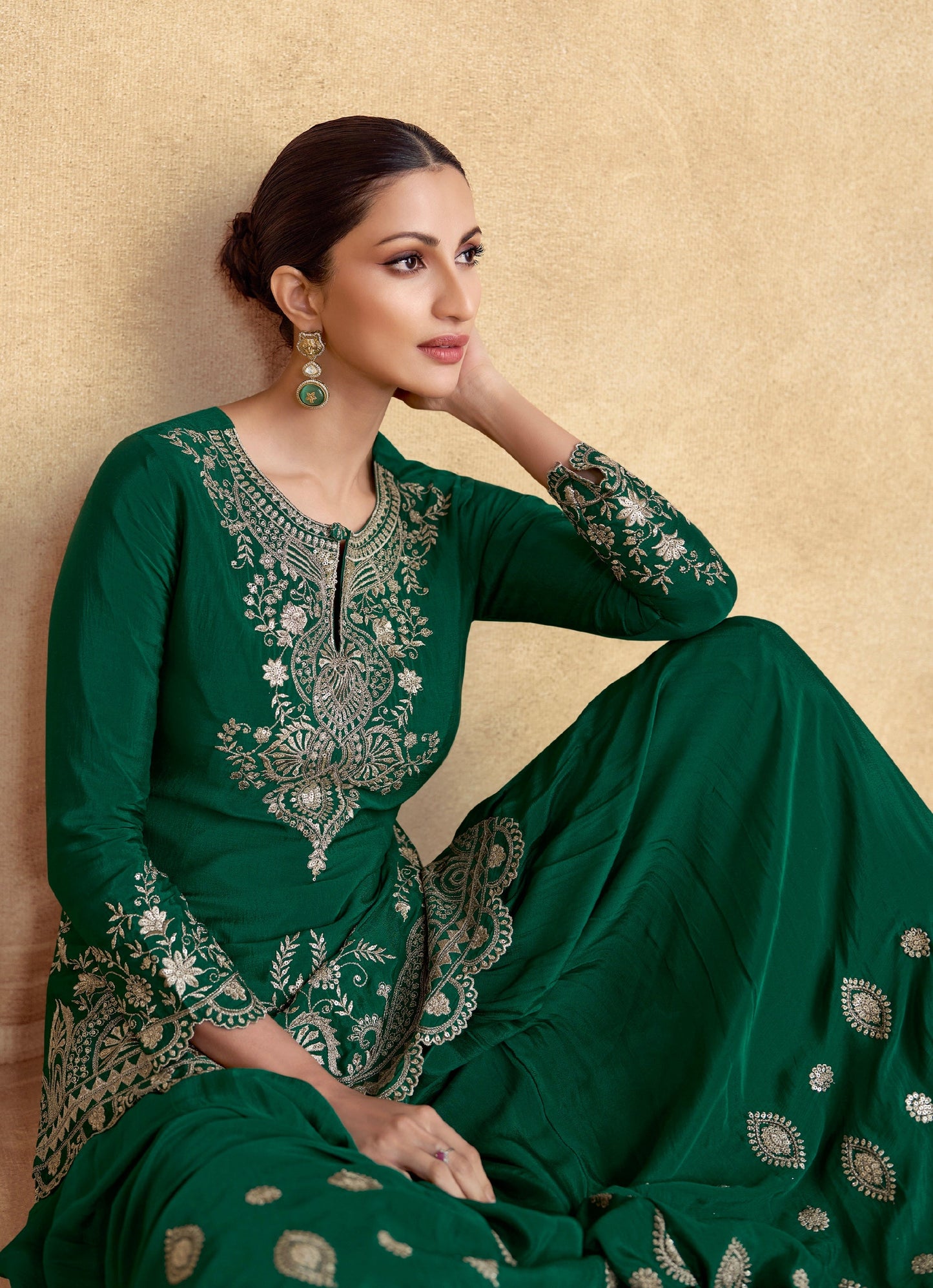 Green Chinnon Silk Palazzo Suit with Embroidered Dupatta