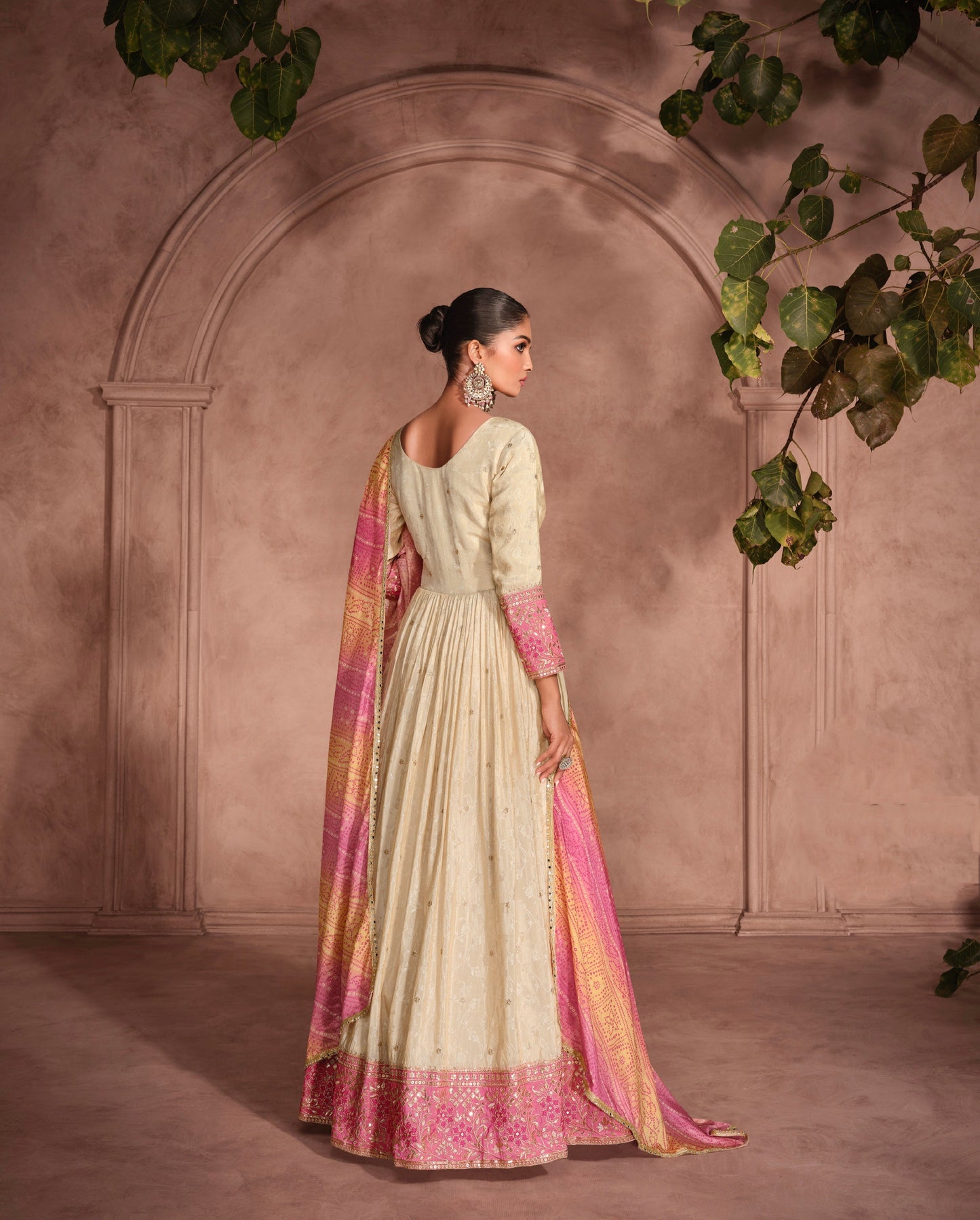 Beige Anarkali Suit with Pink Embroidery and Designer Bandhani Dupatta