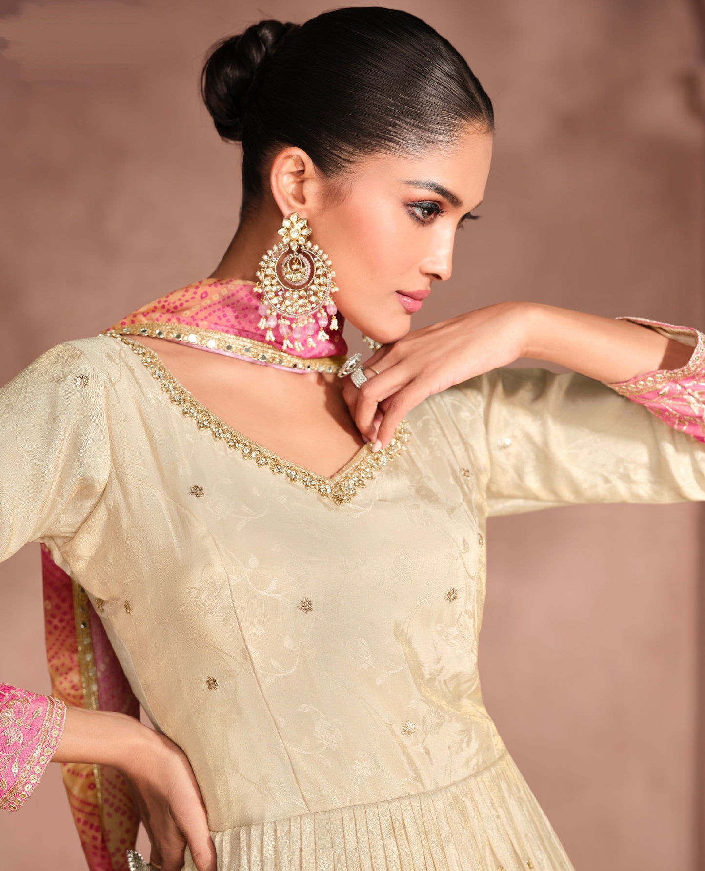 Beige Anarkali Suit with Pink Embroidery and Designer Bandhani Dupatta