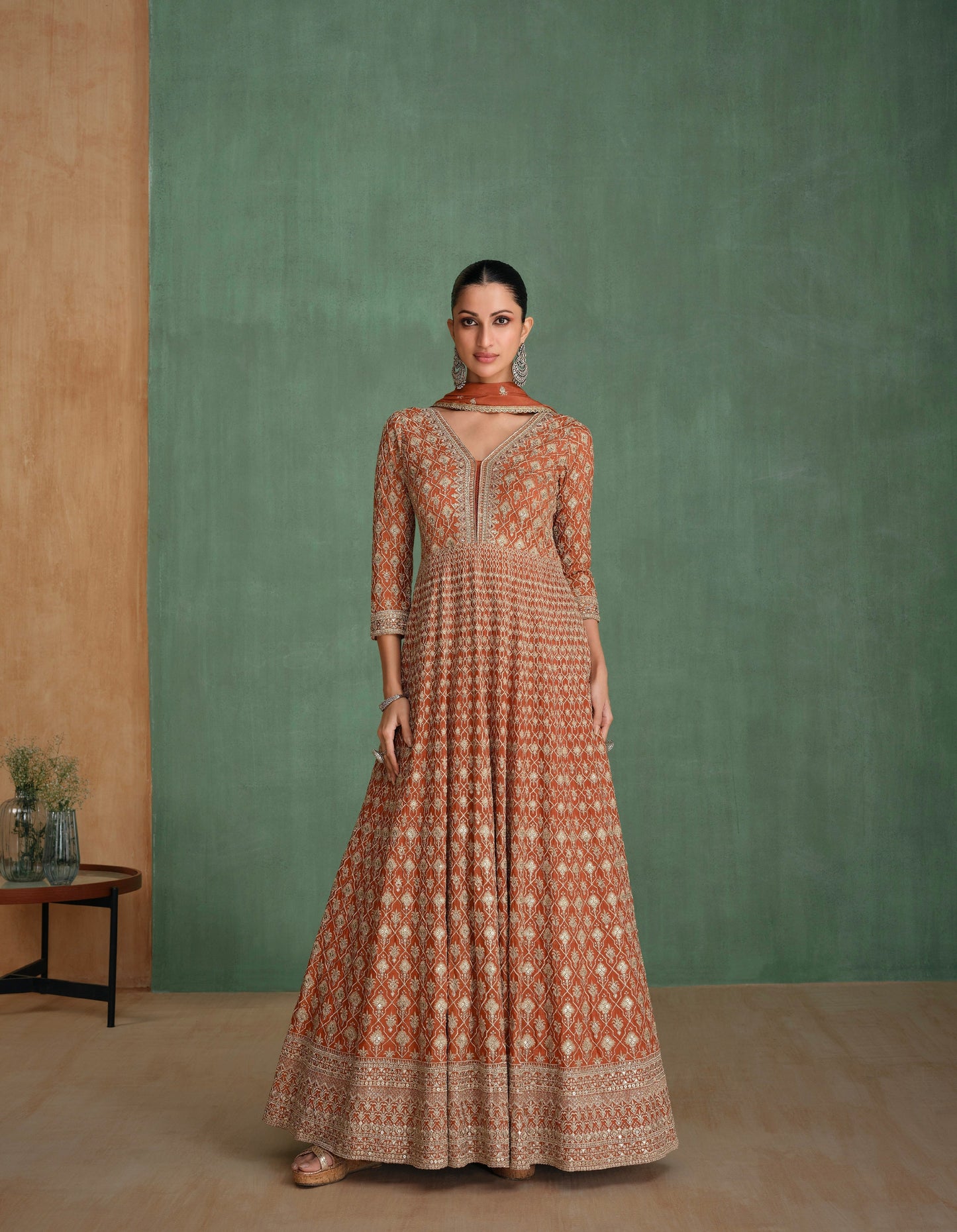 Brown Georgette Anarkali Suit with Swarovski Diamond Embroidery