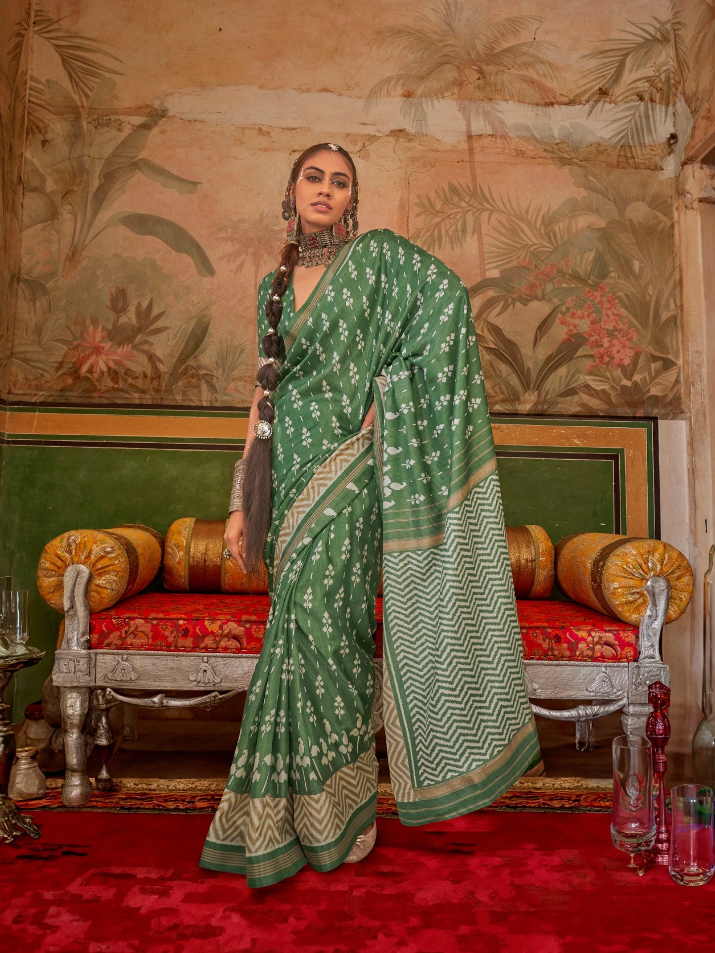 Green & White Mercerized Sigma Silk Saree