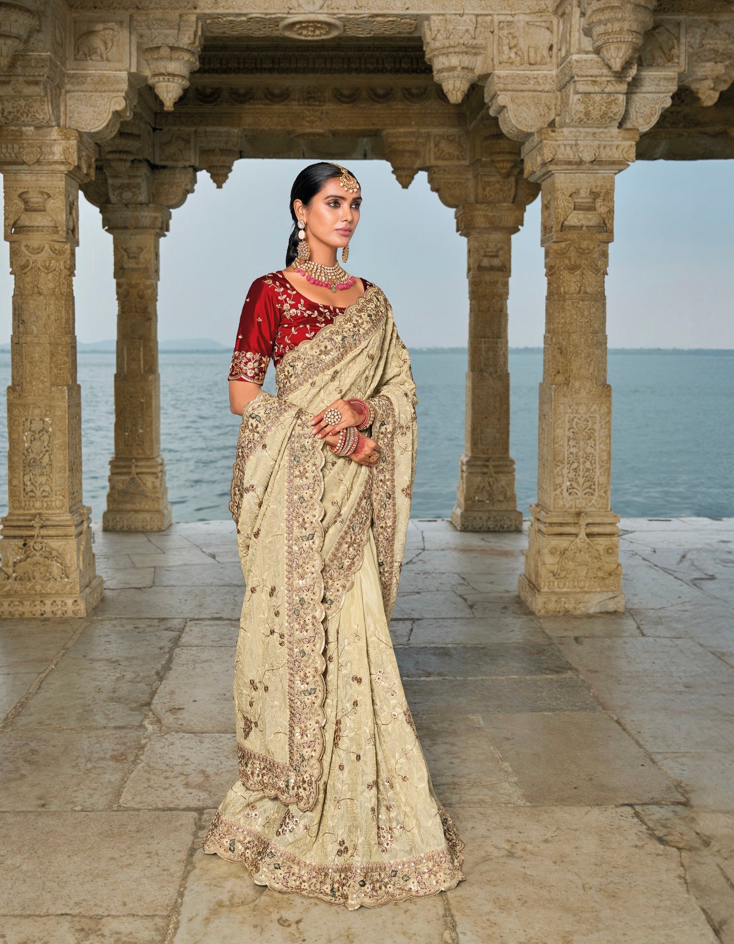 Cream Banarasi Jari Saree with Lucknowi & Jarkhan Embroidery