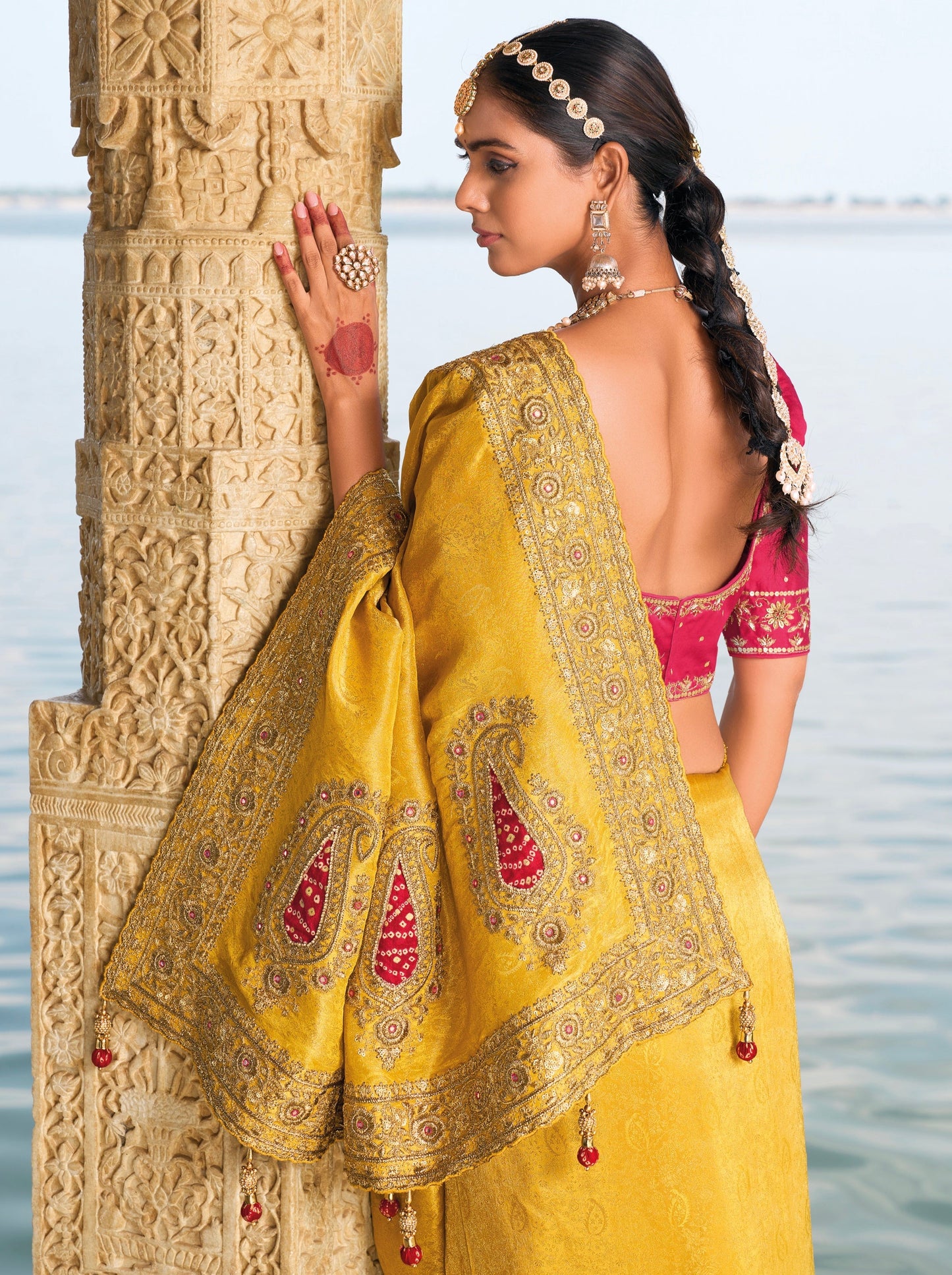 Mustard Pure Crepe Jacquard Saree with Mirror and Jardoshi Heavy Work