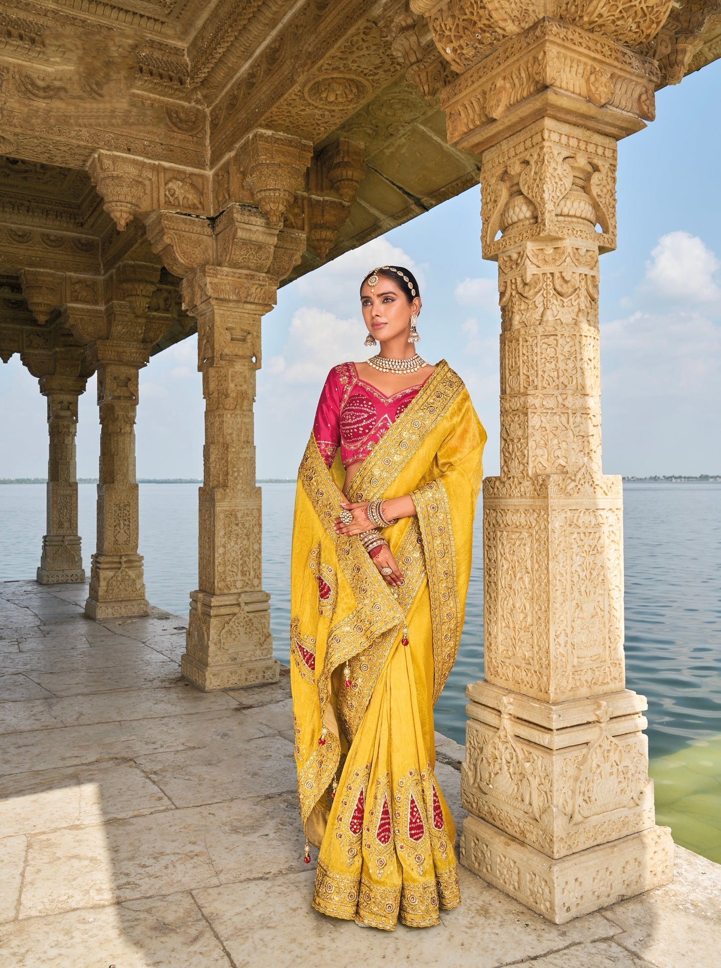 Mustard Pure Crepe Jacquard Saree with Mirror and Jardoshi Heavy Work