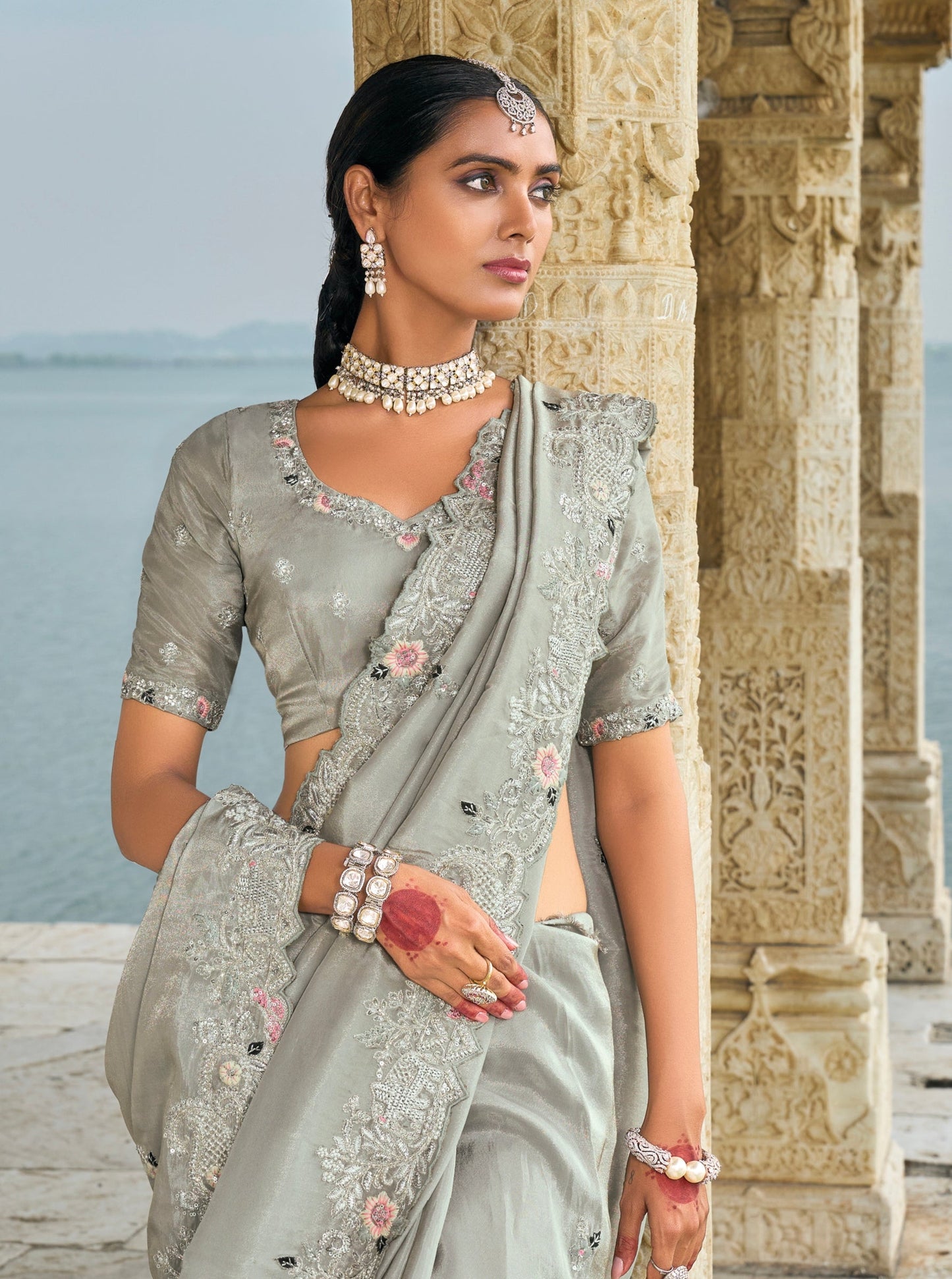 Grey Pure Banarasi Jari Saree with Cut-Dana & Jarkhan Heavy Work