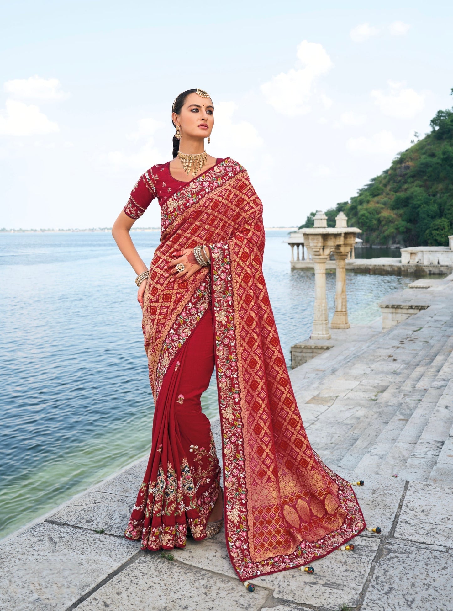 Maroon Bandhej Pure Silk Saree with Heavy Moti and Jari Work