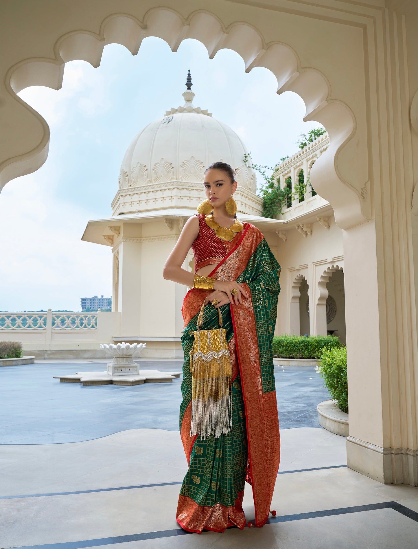 Green and Orange Banarasi Silk Saree with Kanchipuram Weaving