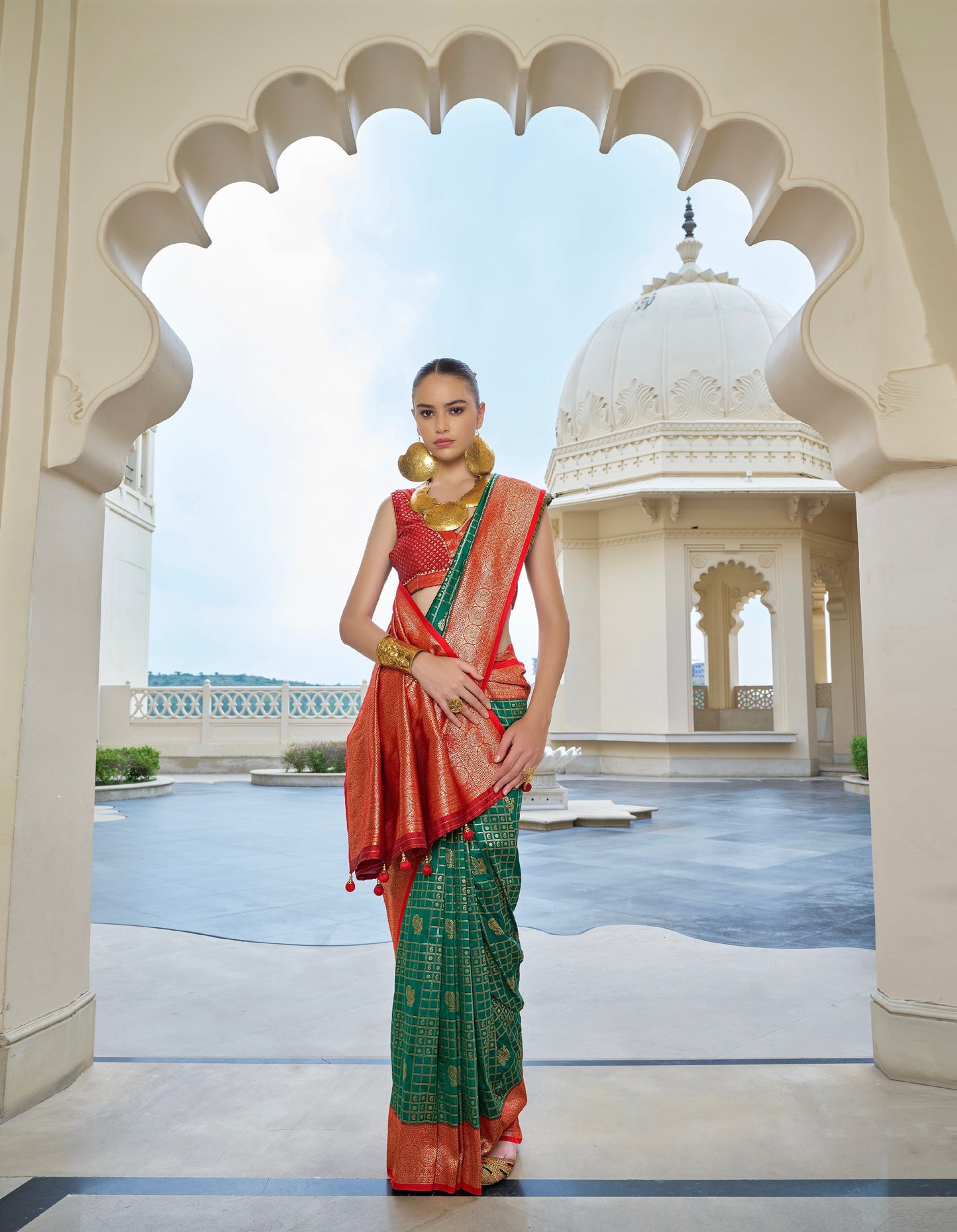 Green and Orange Banarasi Silk Saree with Kanchipuram Weaving