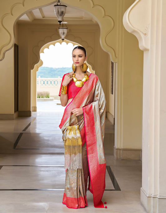 Beige and Pink Banarasi Silk Saree with Kanchipuram Weaving