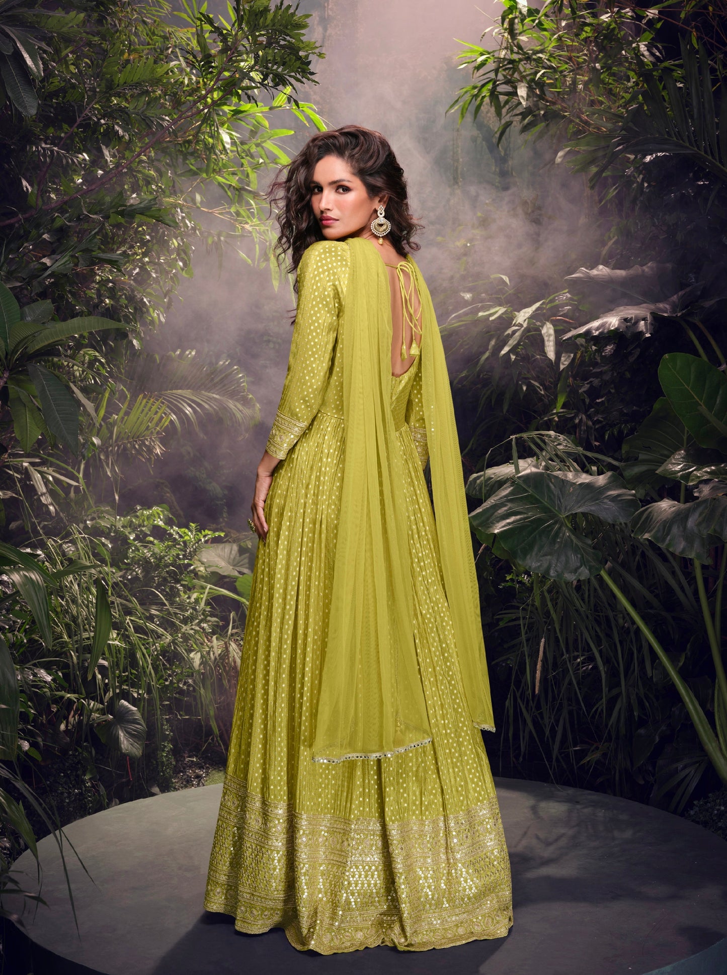 Lime Green Viscose Jacquard Silk Anarkali with Embroidered Net Dupatta