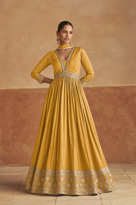 Mustard Yellow Pure Viscose Silk Anarkali & Embroidered Net Dupatta