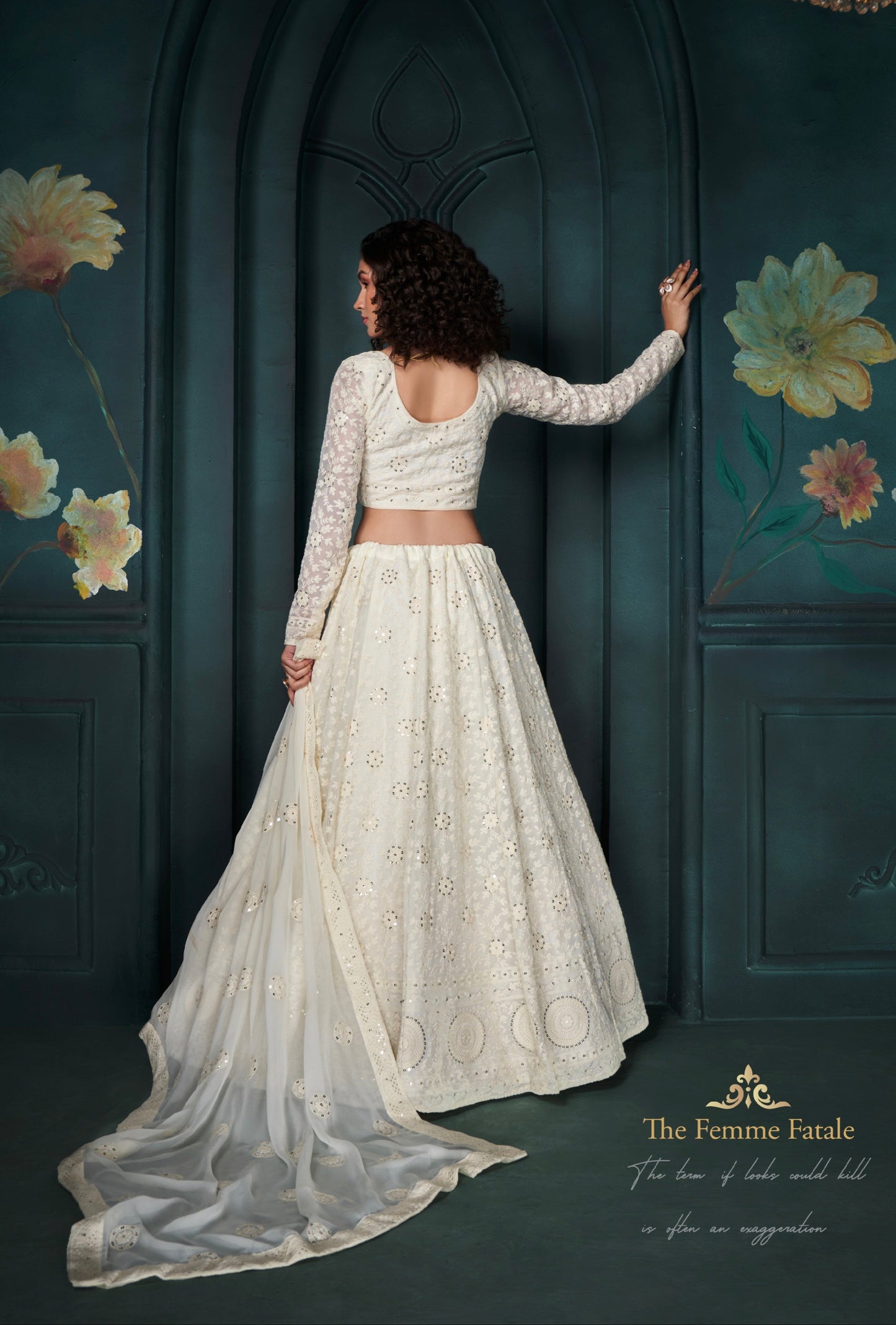 Off-White Georgette Lehenga with Thread, Sequins & Cording Embroidery