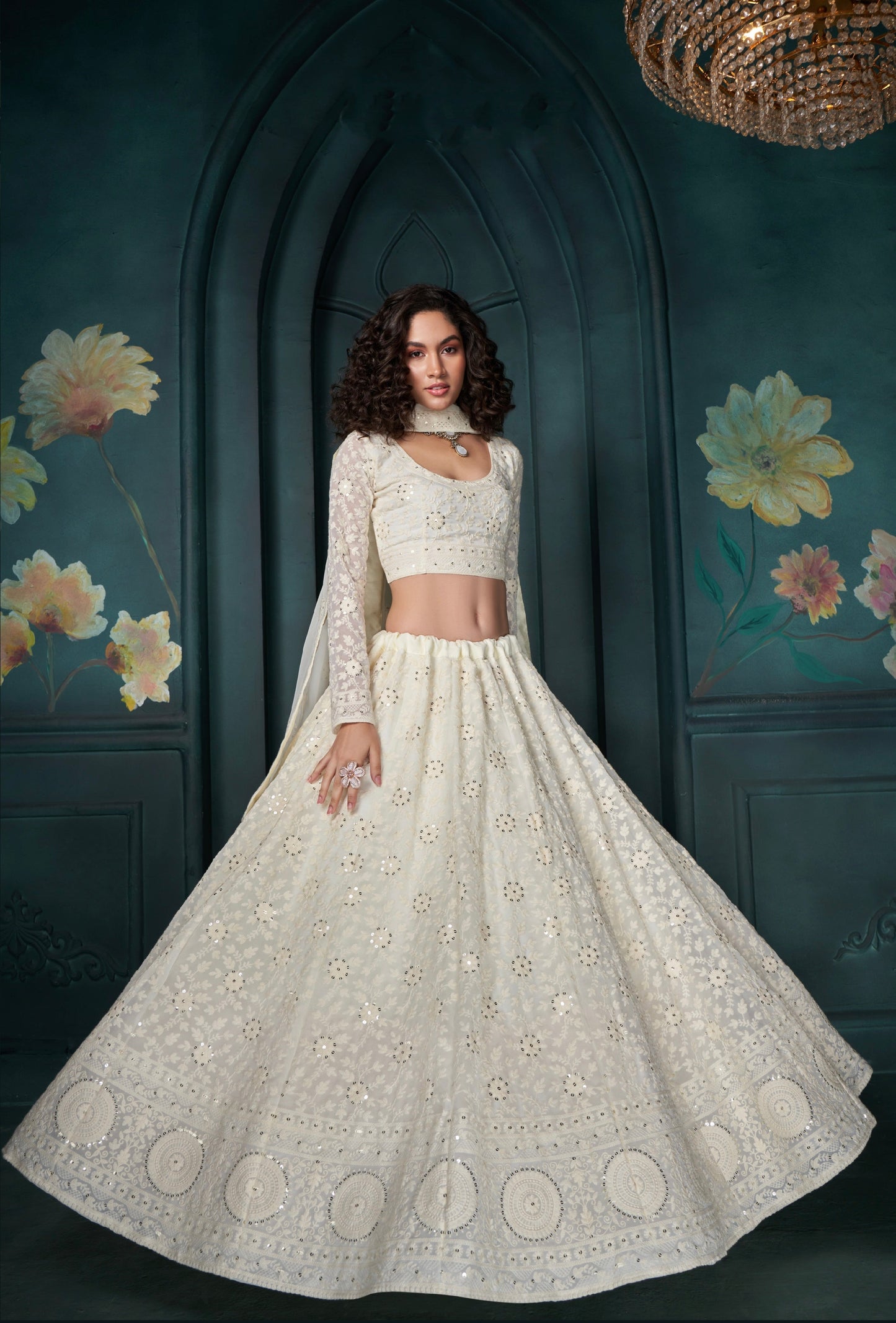 Off-White Georgette Lehenga with Thread, Sequins & Cording Embroidery