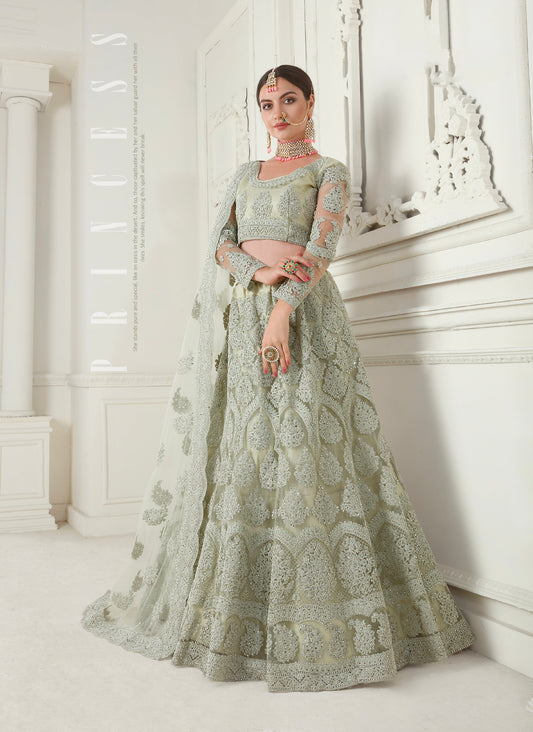 Green Net Lehenga with Intricate Cording Embroidery & Stone Detailing