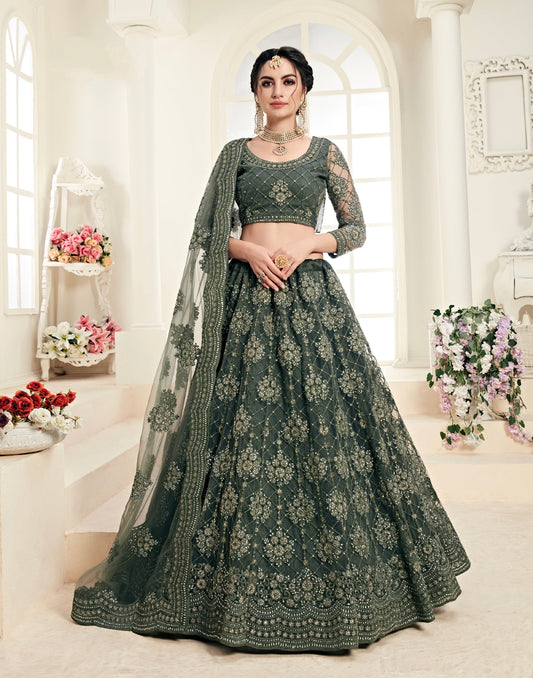 Green Net Lehenga with Heavy Threadwork and Stone Embellishments