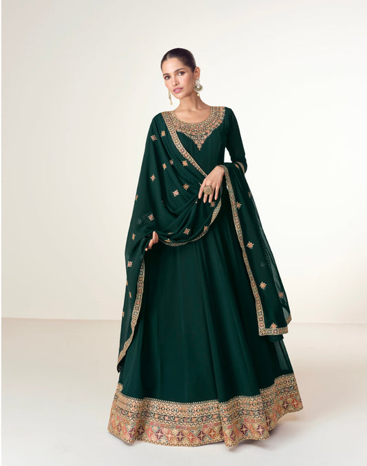 Dark Green Georgette Anarkali Suit with Exquisite Embroidery & Dupatta