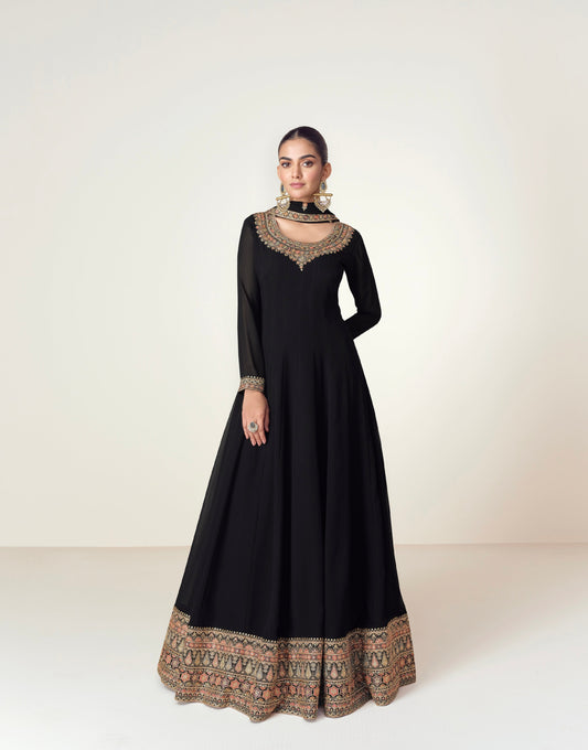 Black Georgette Anarkali Suit with Embroidered Border & Dupatta