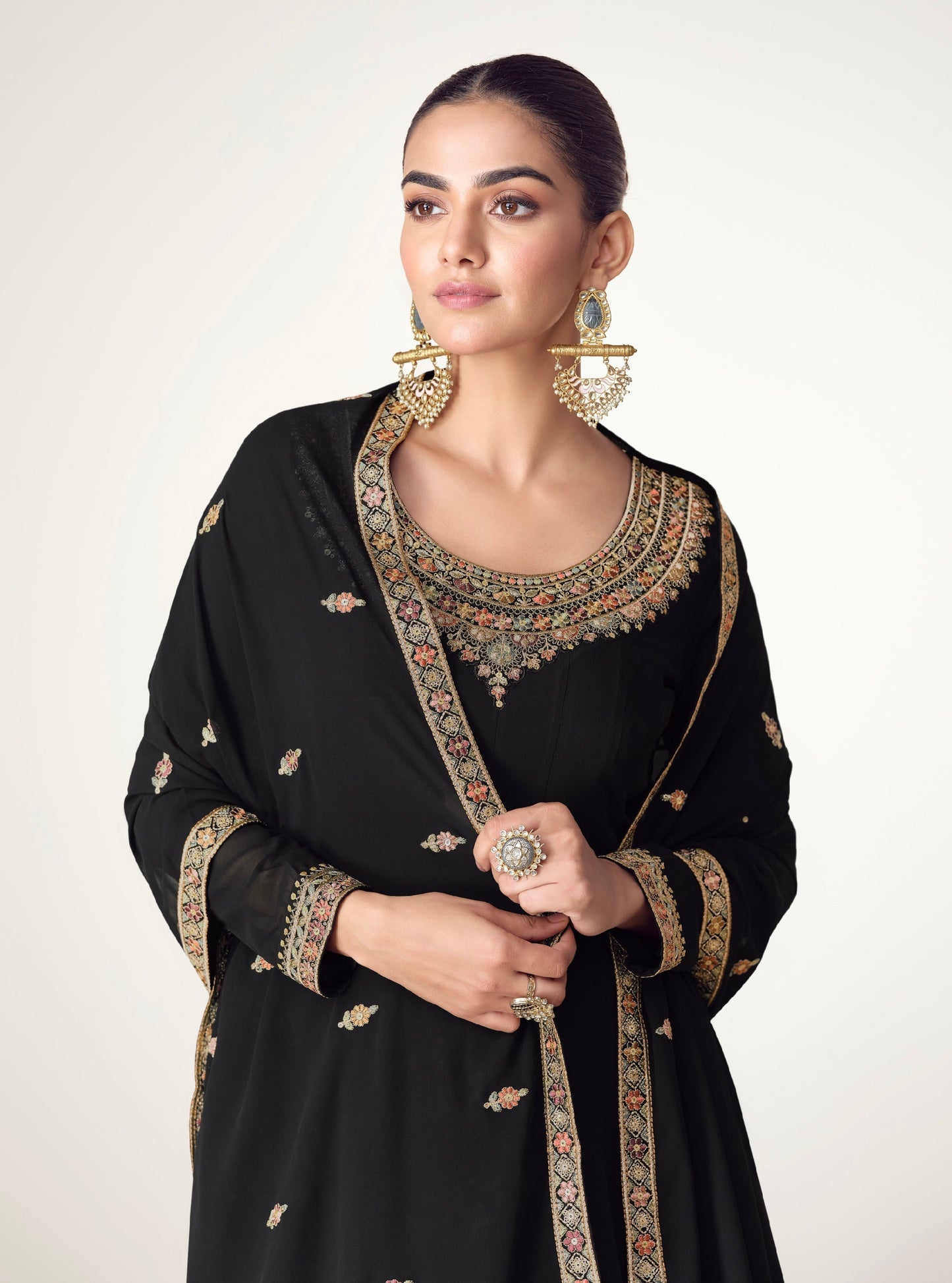 Black Georgette Anarkali Suit with Embroidered Border & Dupatta