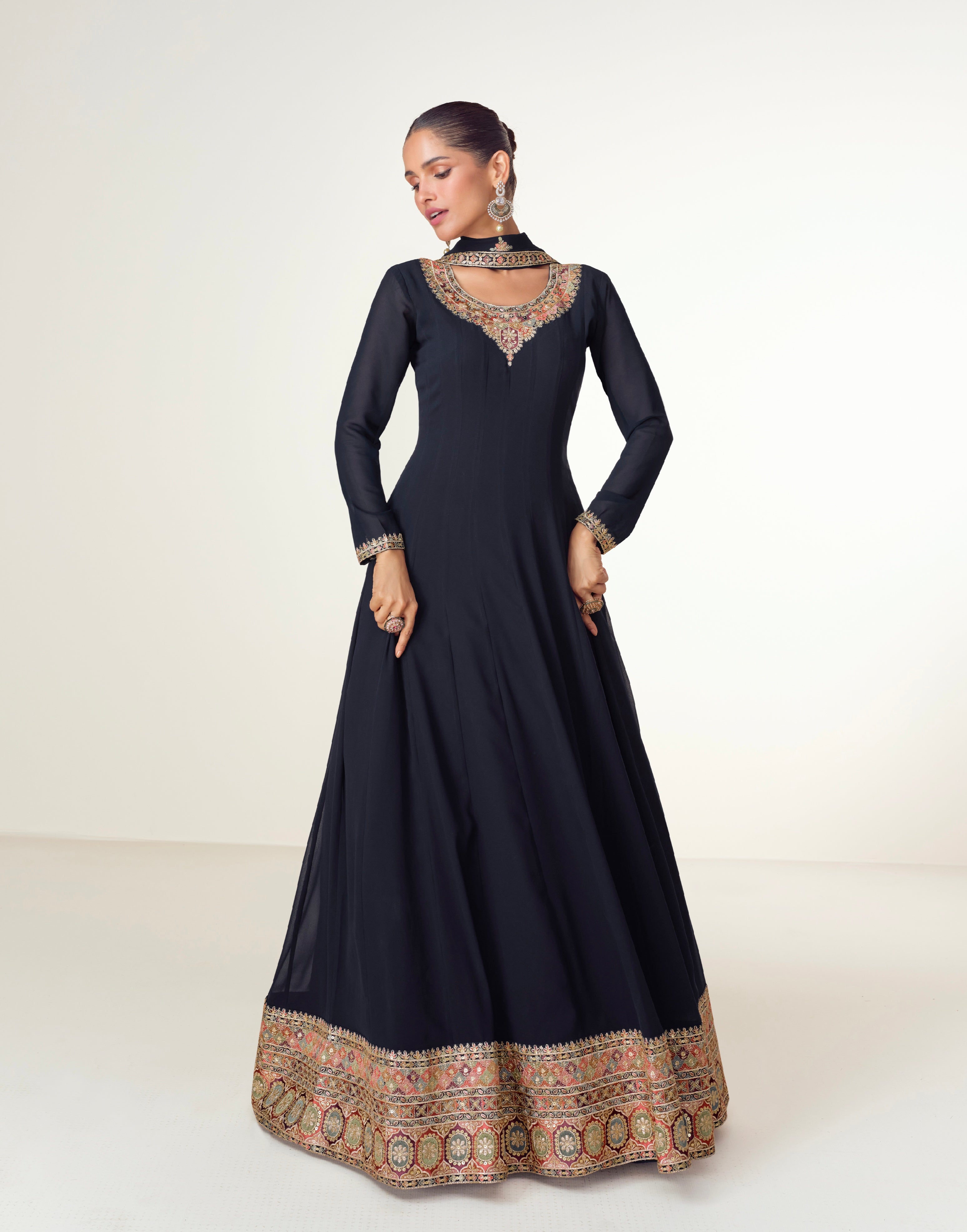 Navy Blue Georgette Anarkali Suit with Ornate Embroidery & Dupatta