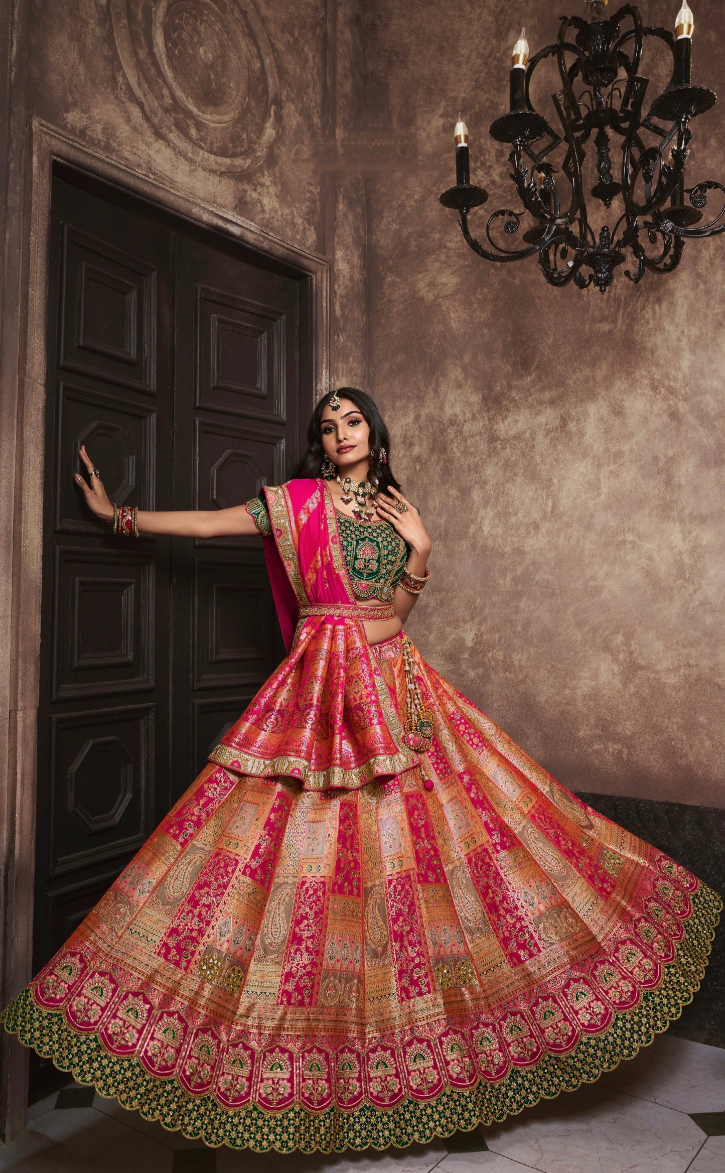 Green and Pink Zarkan Sequins Work Banarasi Lehenga