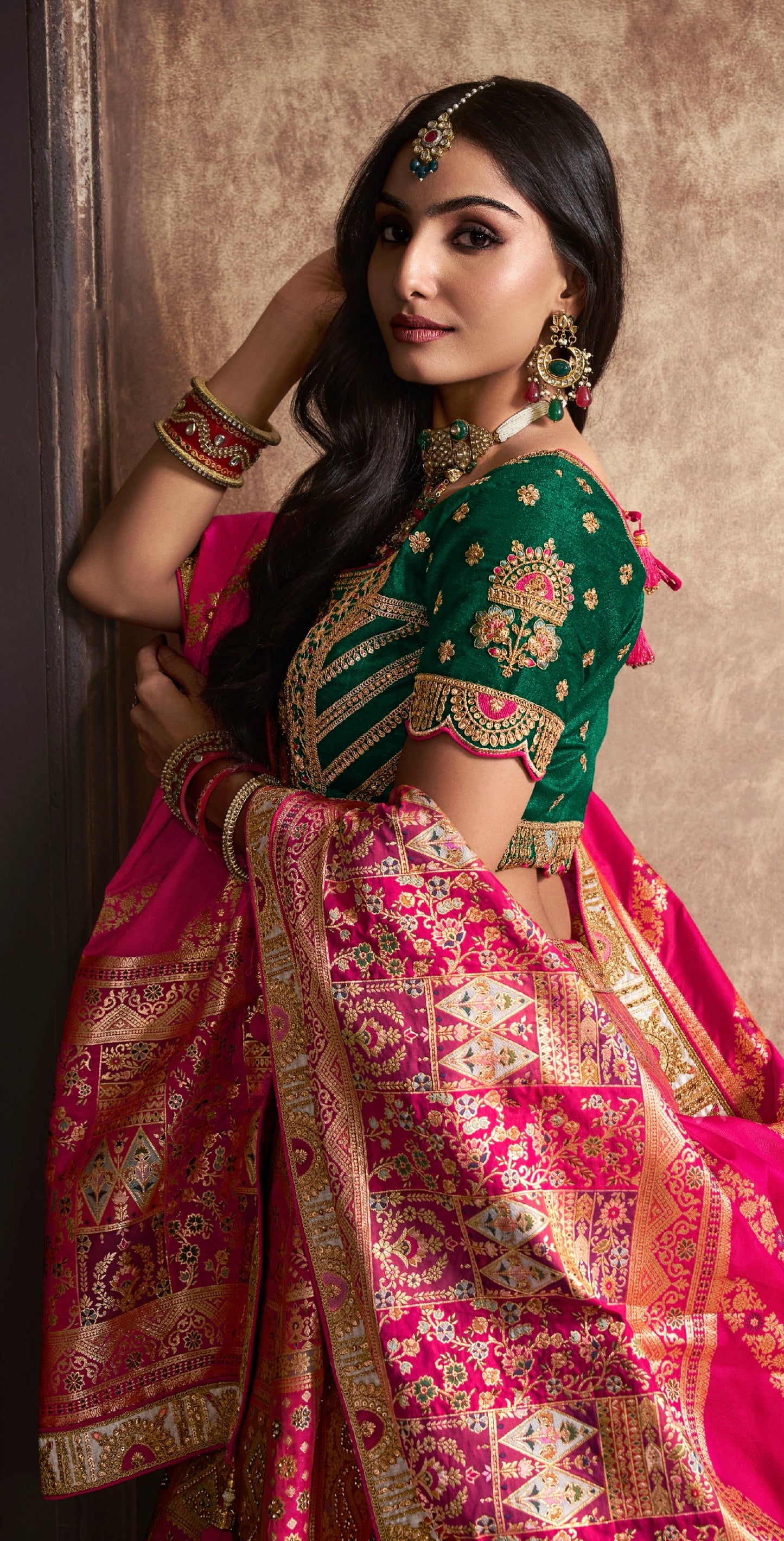 Green and Pink Zarkan Sequins Work Banarasi Lehenga