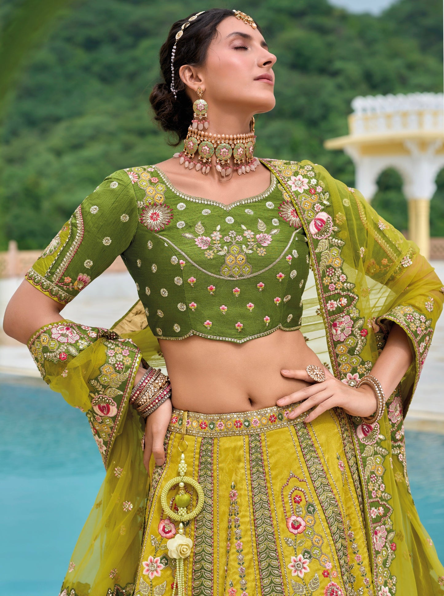 Olive Green Bridal Lehenga with Gold Embroidery