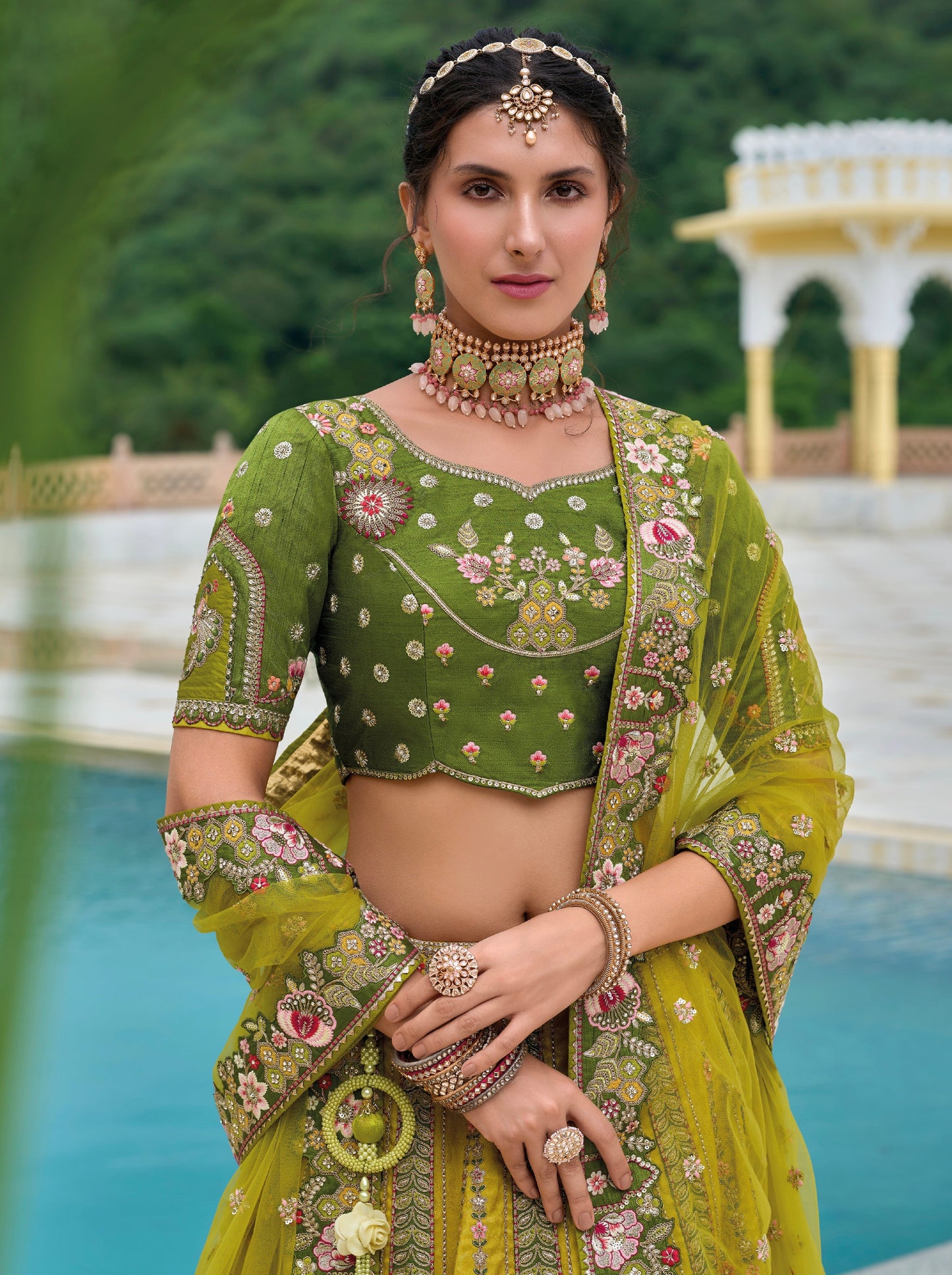 Olive Green Bridal Lehenga with Gold Embroidery