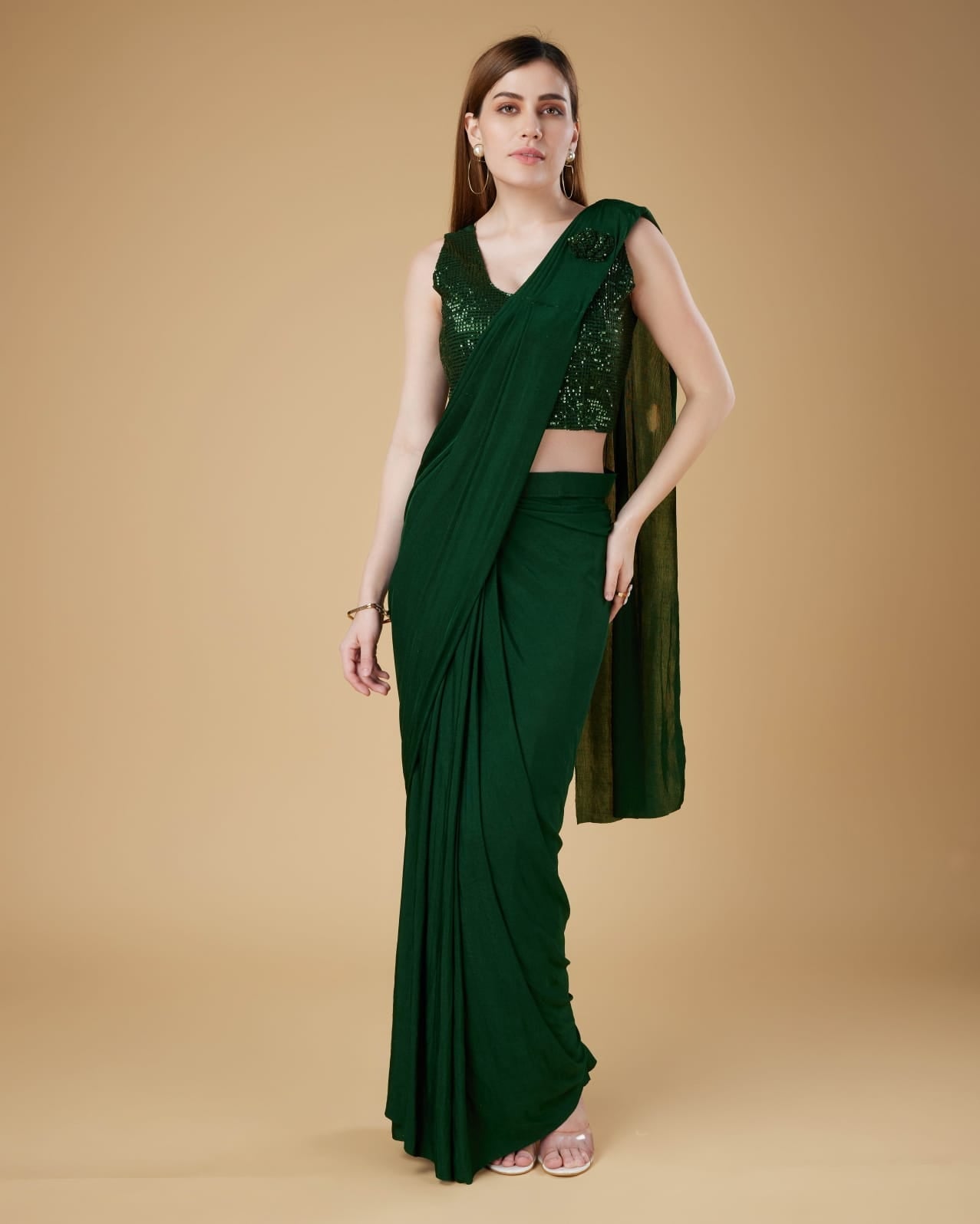 Green Colour Ready-to-Wear Saree with Embroidered Sequence Designer Blouse