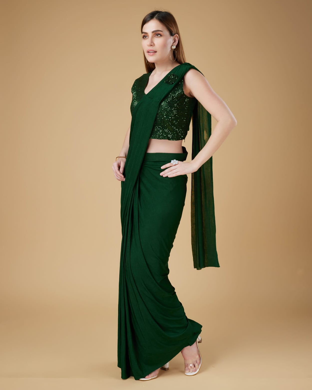 Green Colour Ready-to-Wear Saree with Embroidered Sequence Designer Blouse